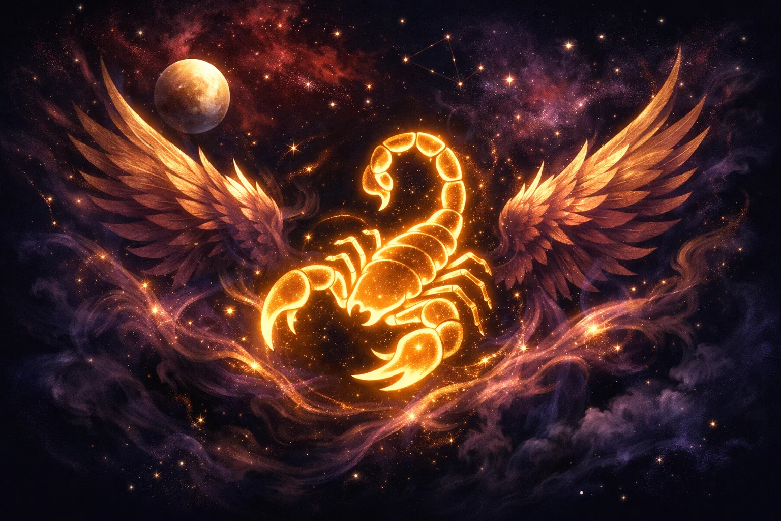 Scorpio daily horoscope illustration with glowing scorpion silhouette against deep crimson nebula and Pluto transformation energy