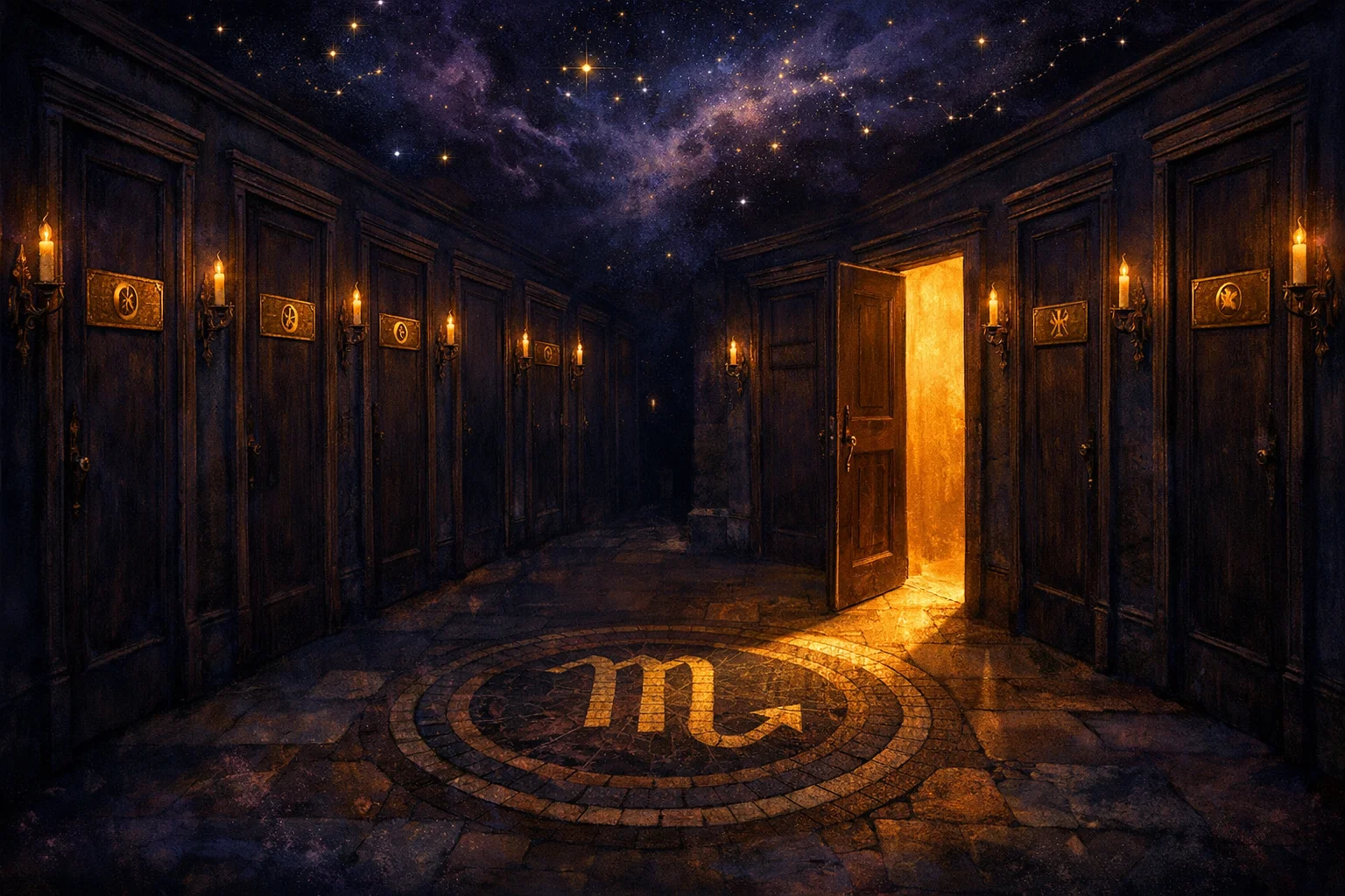Scorpio love horoscope: a corridor of seven planet-marked brass doors with five blank ones and the fifth ajar