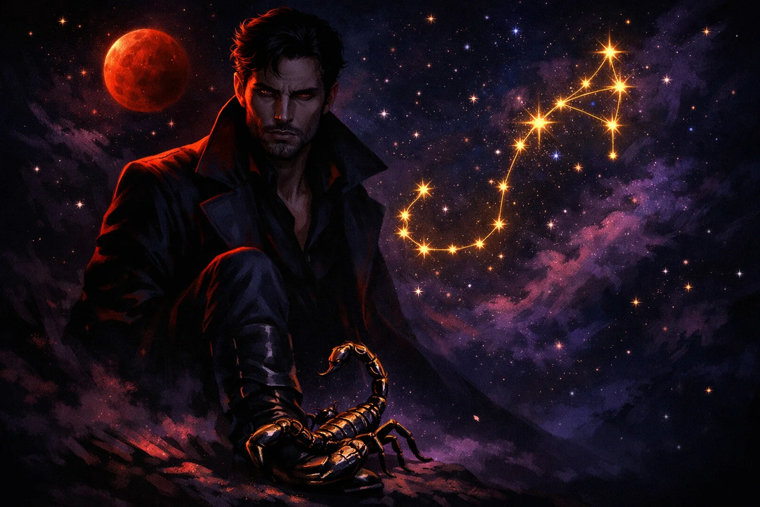 Scorpio man personality illustration: a magnetic man half-lit in crimson beneath the Scorpius constellation