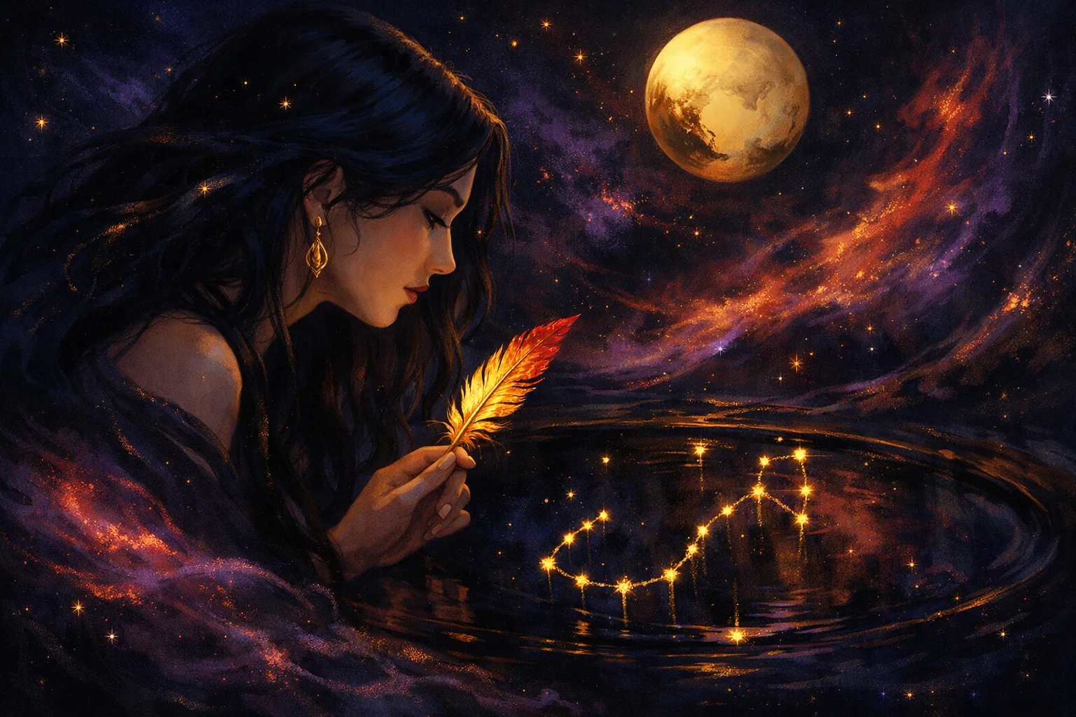 Scorpio woman personality illustration: a woman gazing into an obsidian pool reflecting the Scorpius constellation