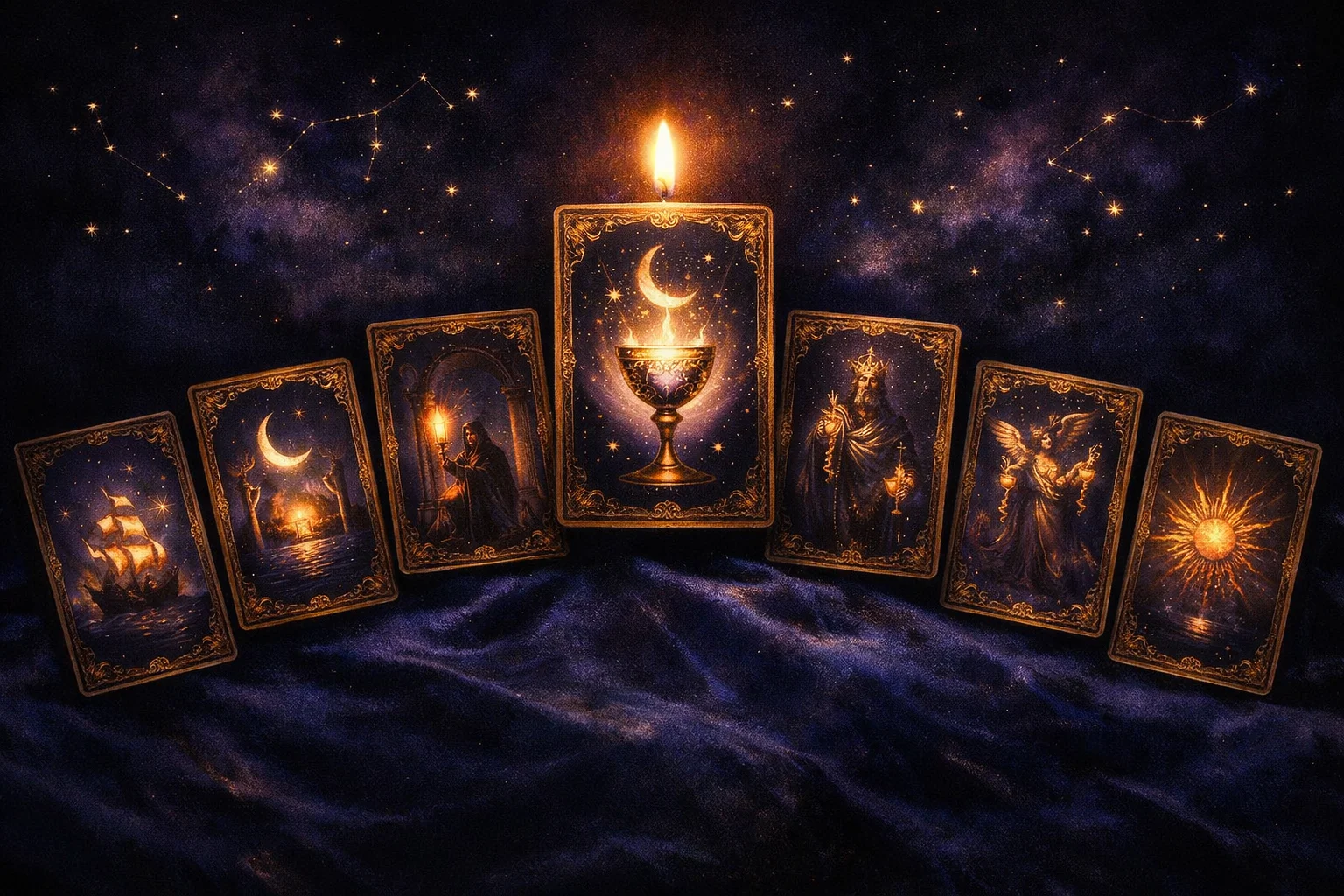 Seven card tarot reading laid out as a horseshoe arch with the central advice card raised above the others