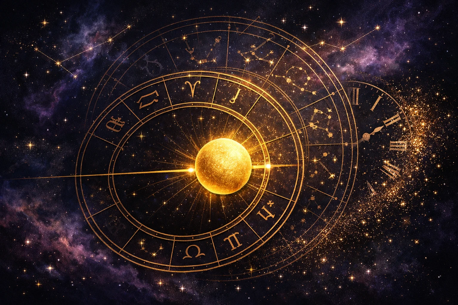 Solar return chart diagram: the Sun back at its natal degree, a second wheel offset behind it