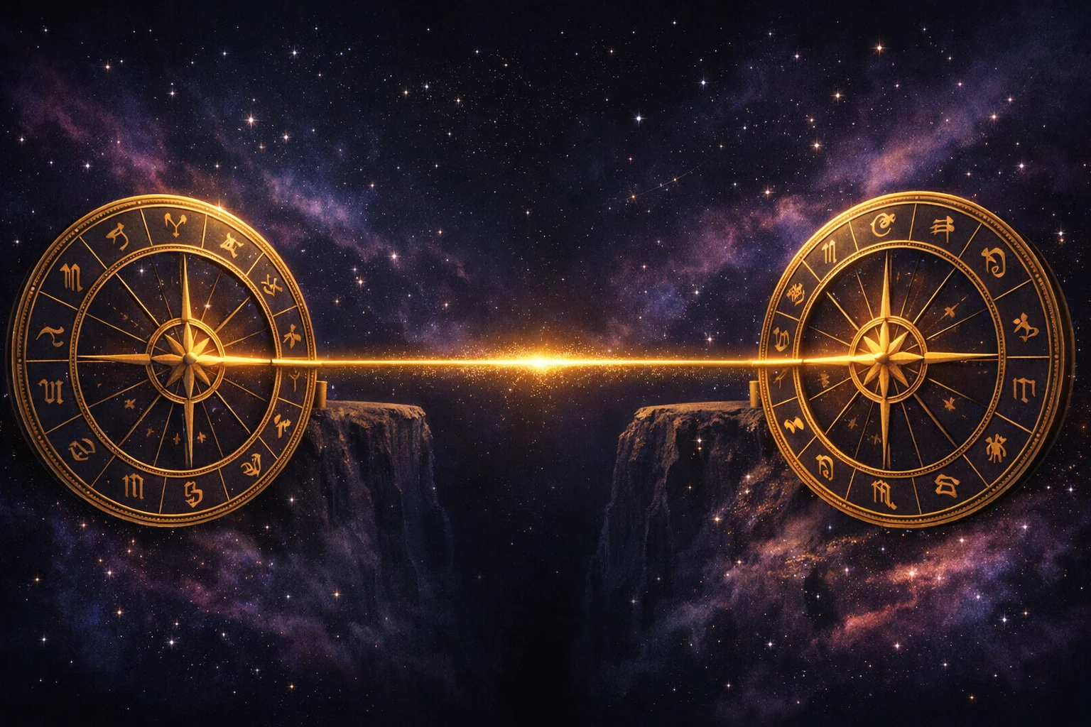 Soulmate calculator illustration of two birth chart wheels facing each other across the descendant axis