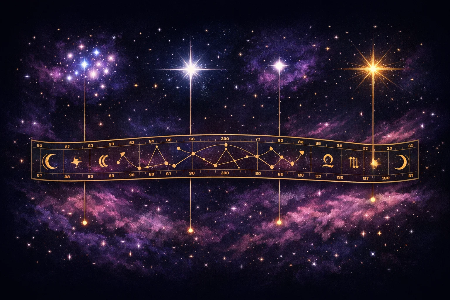 Starseed birth chart diagram: the Pleiades, Sirius, Vega and Polaris on plumb lines down to the ecliptic degrees they mark