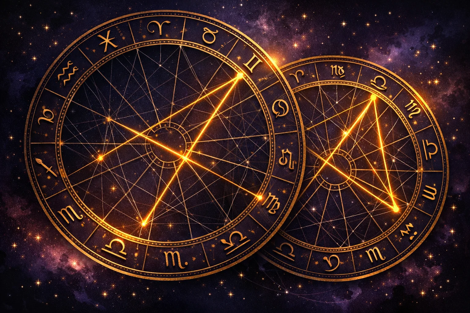 Two overlapping birth chart wheels linked by synastry aspect lines, most drawn faint and a few burning gold