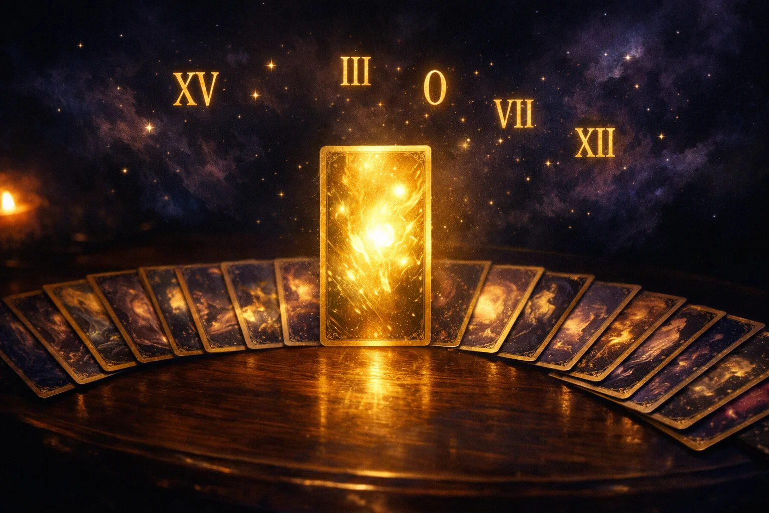 Tarot birth card spread: 22 Major Arcana fanned on a dark table with glowing Roman numerals above one lit card
