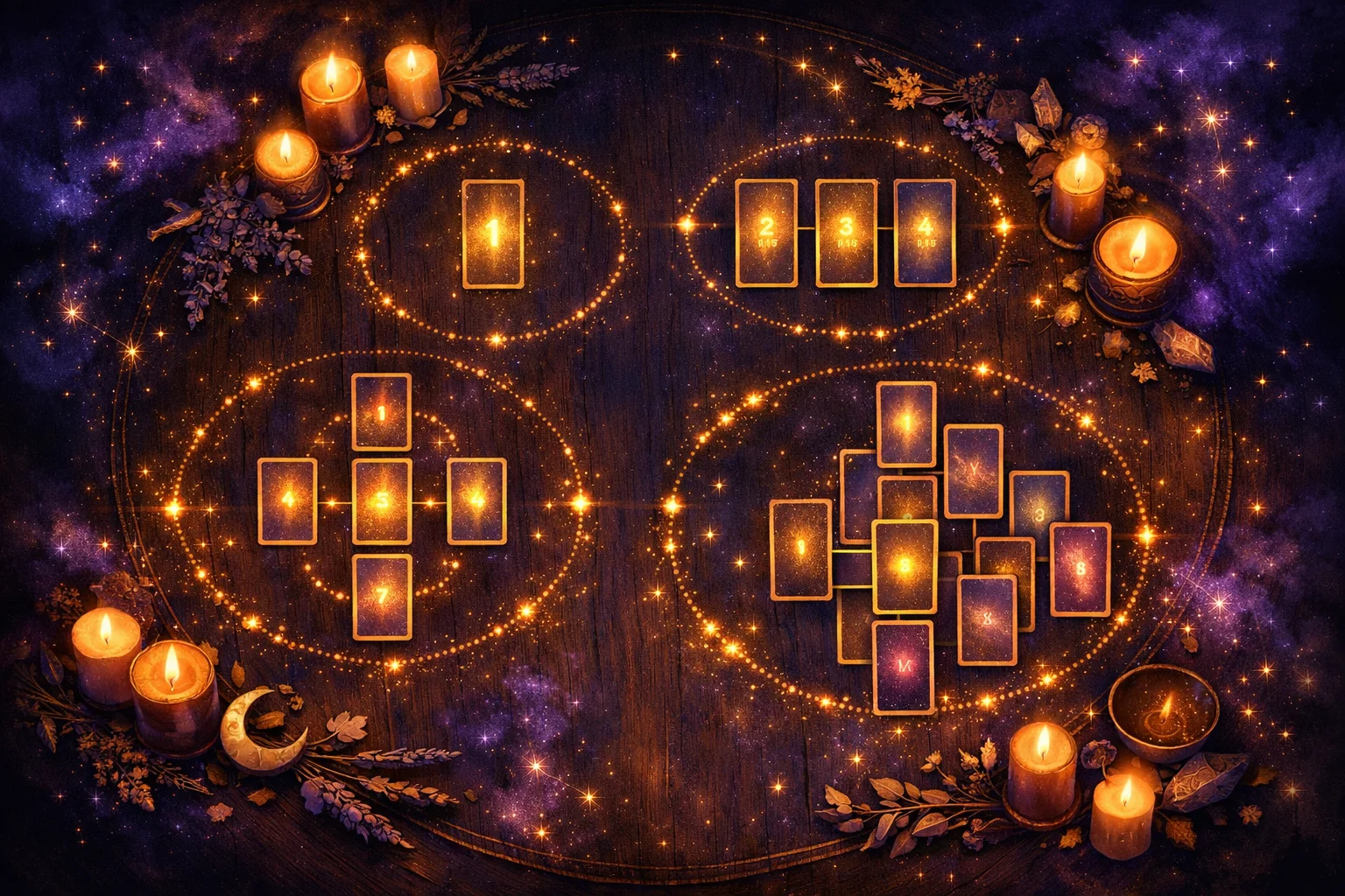Tarot spreads guide — overhead view of multiple tarot card layouts arranged on a mystical table with candles and position markers