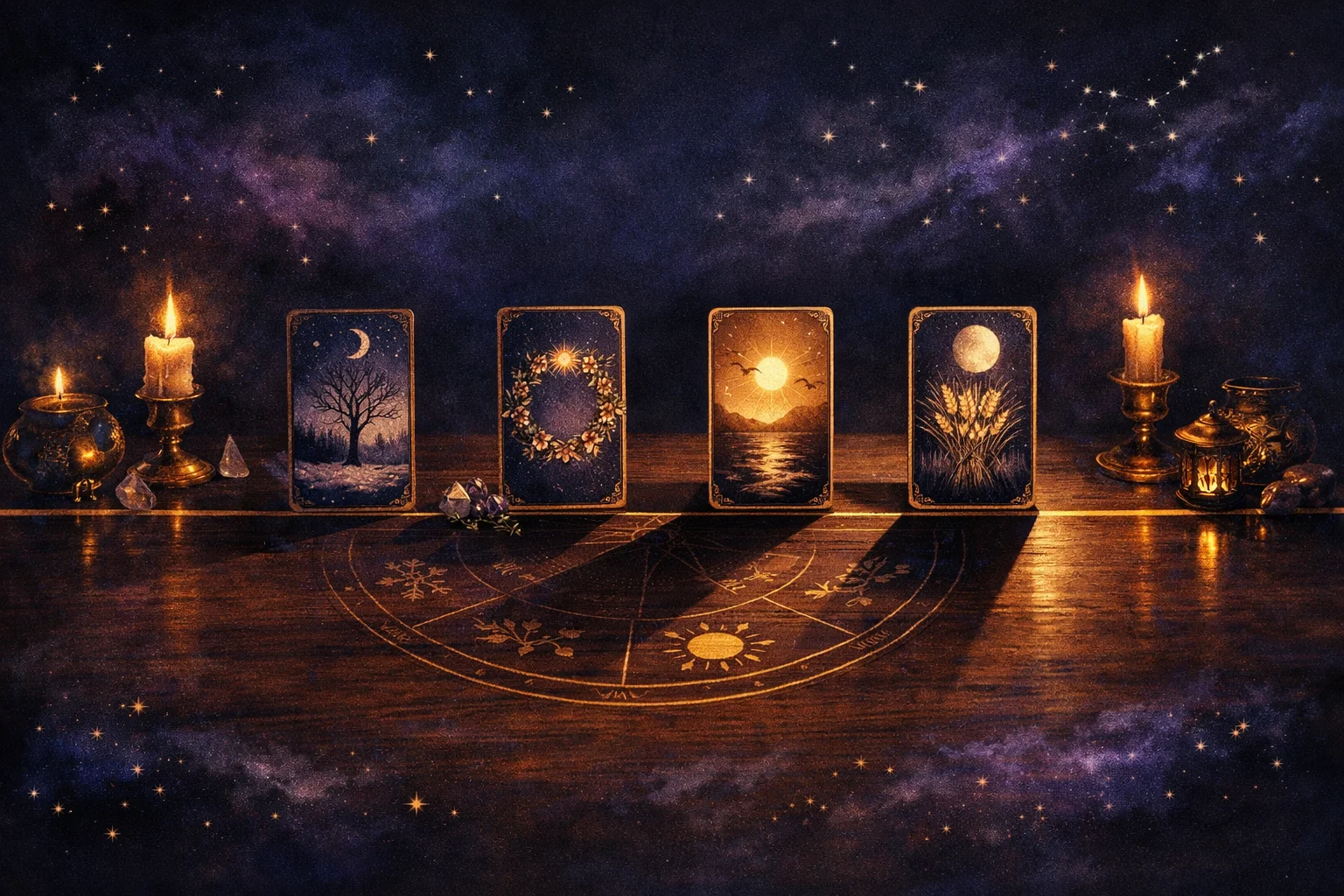 Tarot timing spread laid along a gold timeline showing how far apart the traditional timing systems place the same cards