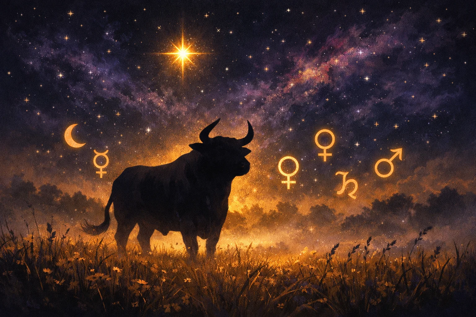 Taurus daily horoscope illustration with serene bull in golden meadow and Venus glowing at dawn