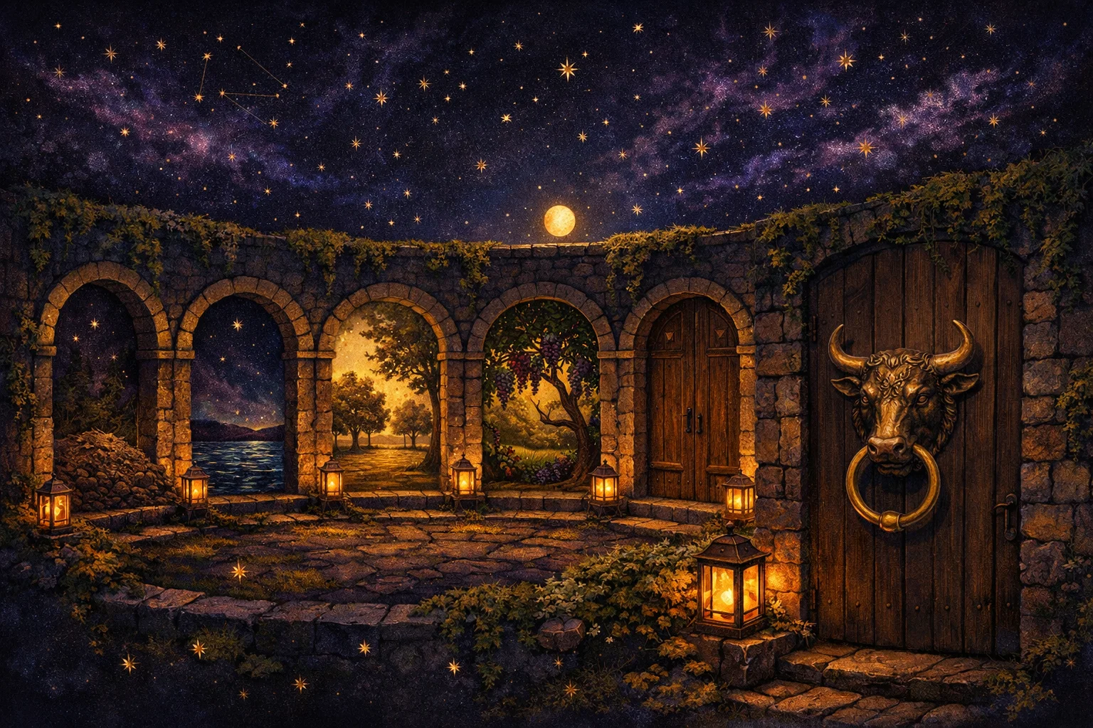 Taurus love horoscope illustration of a lantern-lit walled garden with six open archways and four closed doors