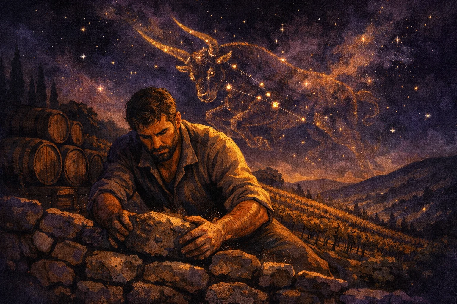 Taurus man personality: a strong man setting a stone into a dry-stone wall at golden hour under the Taurus constellation