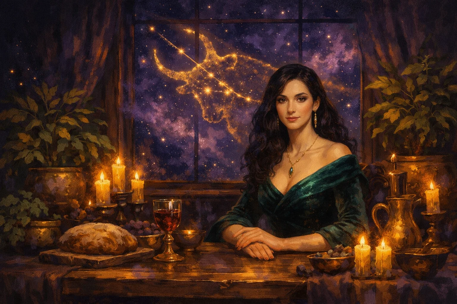 Taurus woman personality illustration: a woman in emerald velvet in a candlelit room beneath the Taurus bull constellation