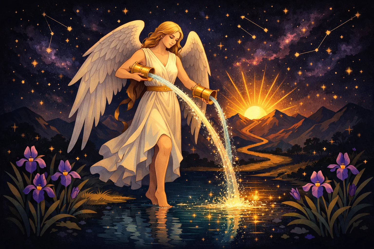 Temperance tarot card meaning — an angel pouring water between two cups beside a path to sunlit mountains