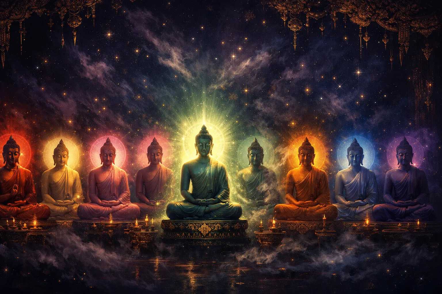 Thai astrology birth day signs — eight Buddha images in a temple hall, each lit in the colour of its weekday