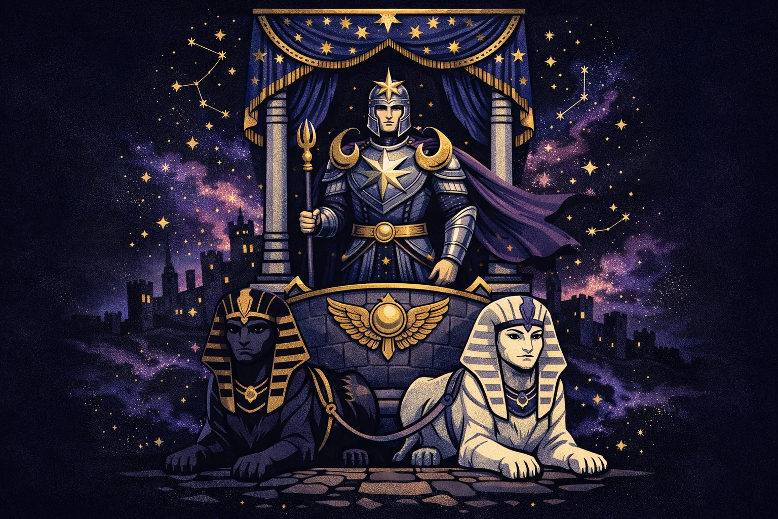 The Chariot tarot card showing an armored warrior commanding a chariot drawn by black and white sphinxes beneath a starry canopy, representing willpower, determination, and triumph through focused discipline