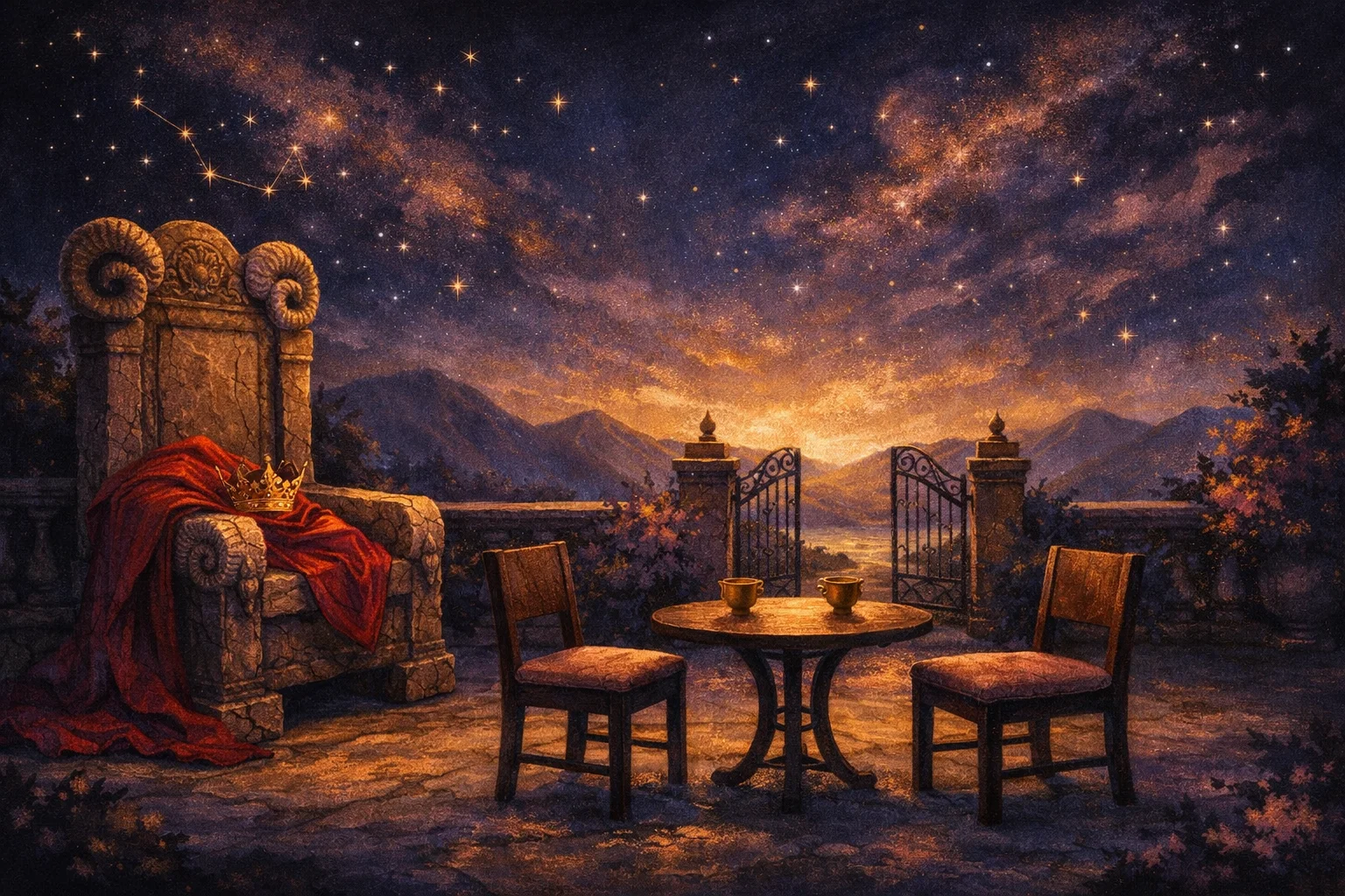The Emperor love meaning illustrated by a stone throne beside two equal chairs and a table for a couple