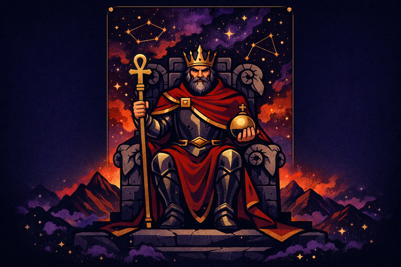 The Emperor tarot card seated on a stone throne carved with ram heads, holding an ankh scepter and orb against a fiery mountain backdrop, representing authority, discipline, and strategic leadership