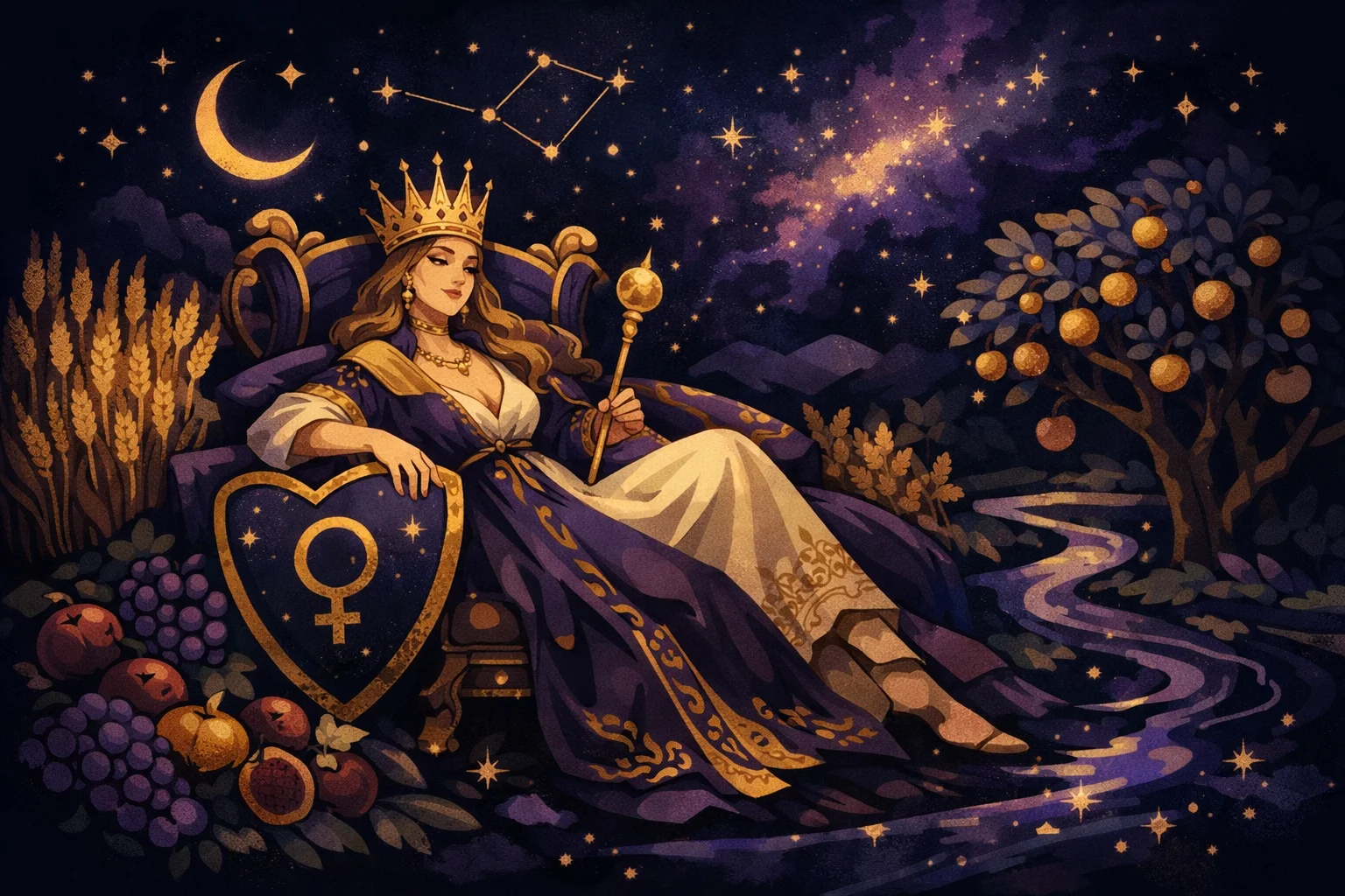 The Empress tarot card surrounded by wheat fields, flowing water, and fruit trees, with the Venus symbol and a warm emerald and gold color palette representing abundance and fertility