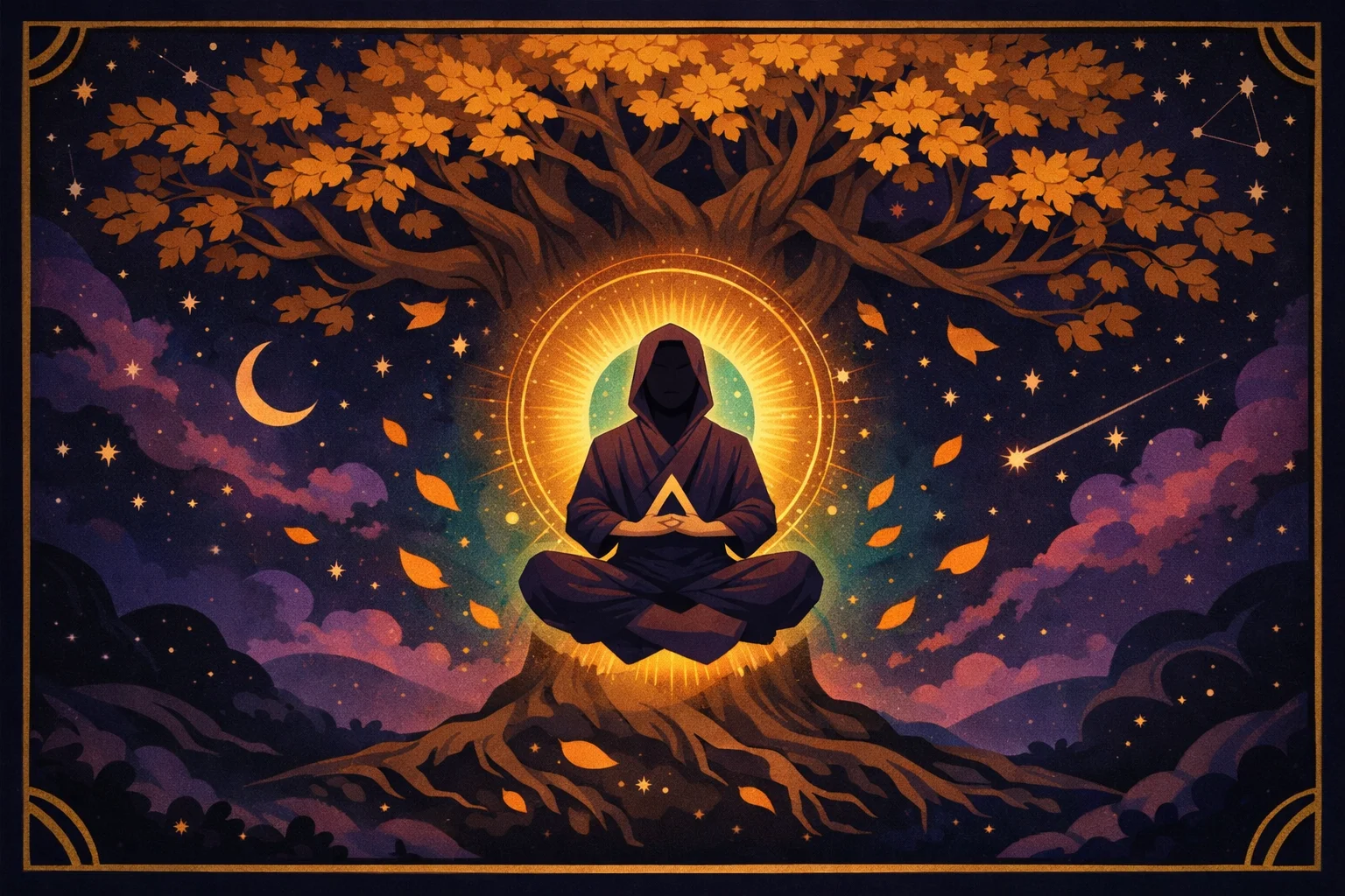 The Hanged Man tarot card meaning — a serene figure suspended upside down from a living tree, golden halo radiating quiet wisdom