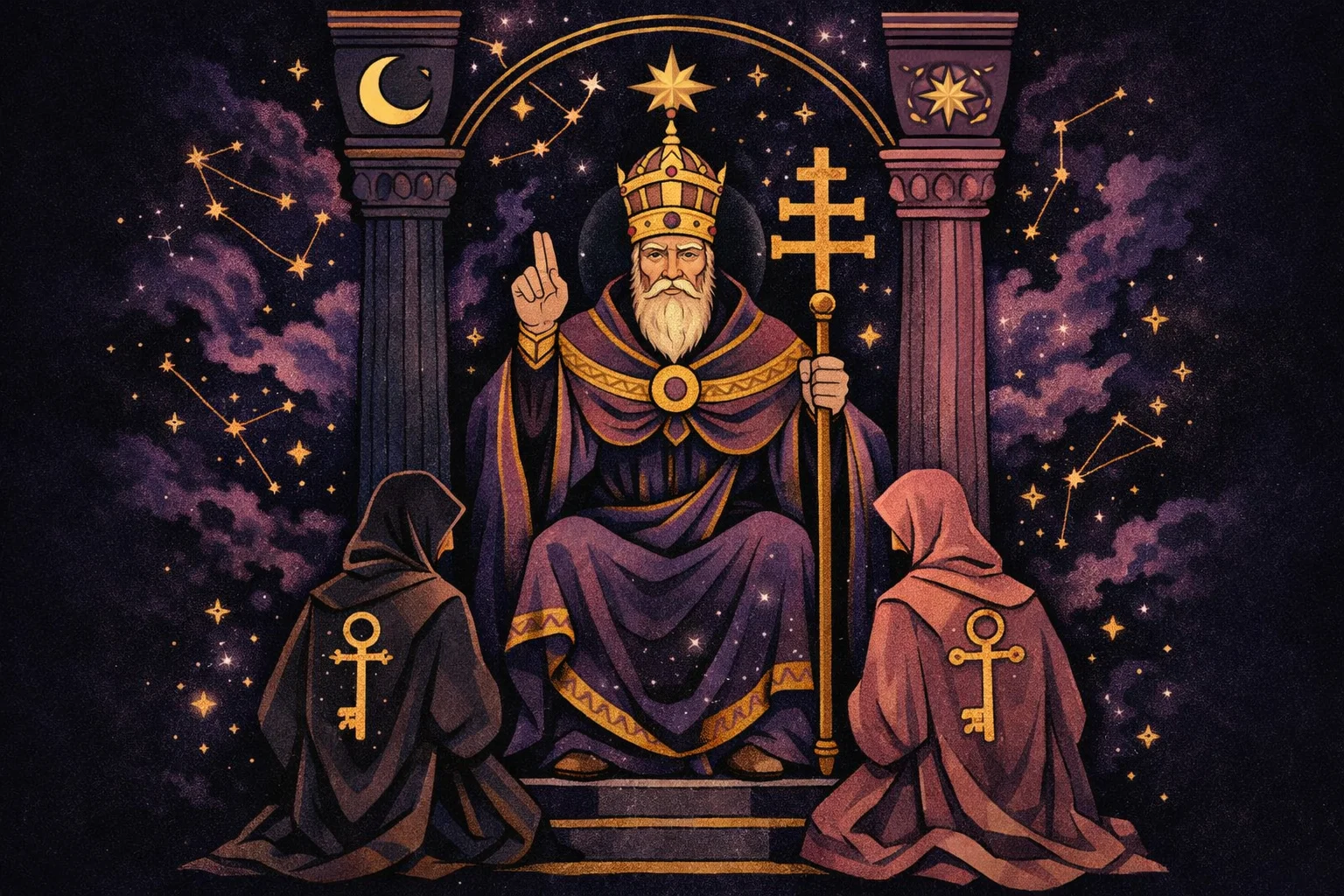 The Hierophant tarot card showing a robed spiritual authority seated between two pillars, holding a triple cross and raising a hand in blessing, representing sacred tradition and spiritual mentorship