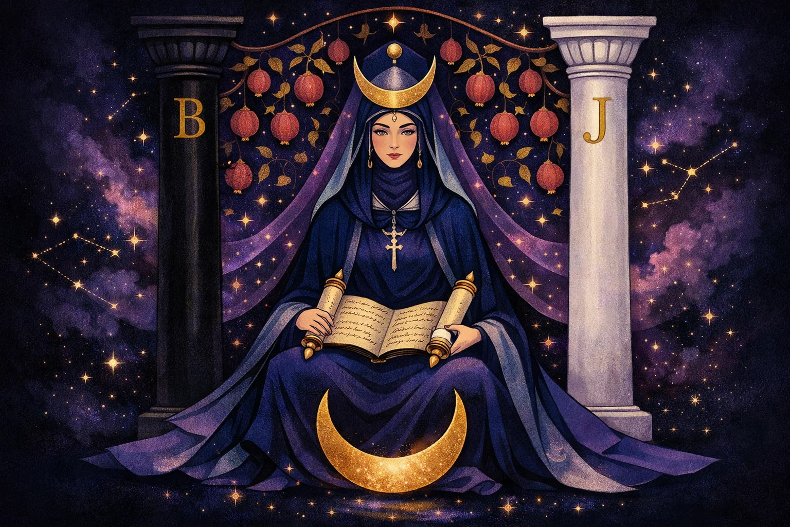 The High Priestess tarot card seated between two pillars with a crescent moon, scroll, and pomegranate veil, representing intuition, subconscious wisdom, and hidden knowledge in the Rider-Waite-Smith tradition