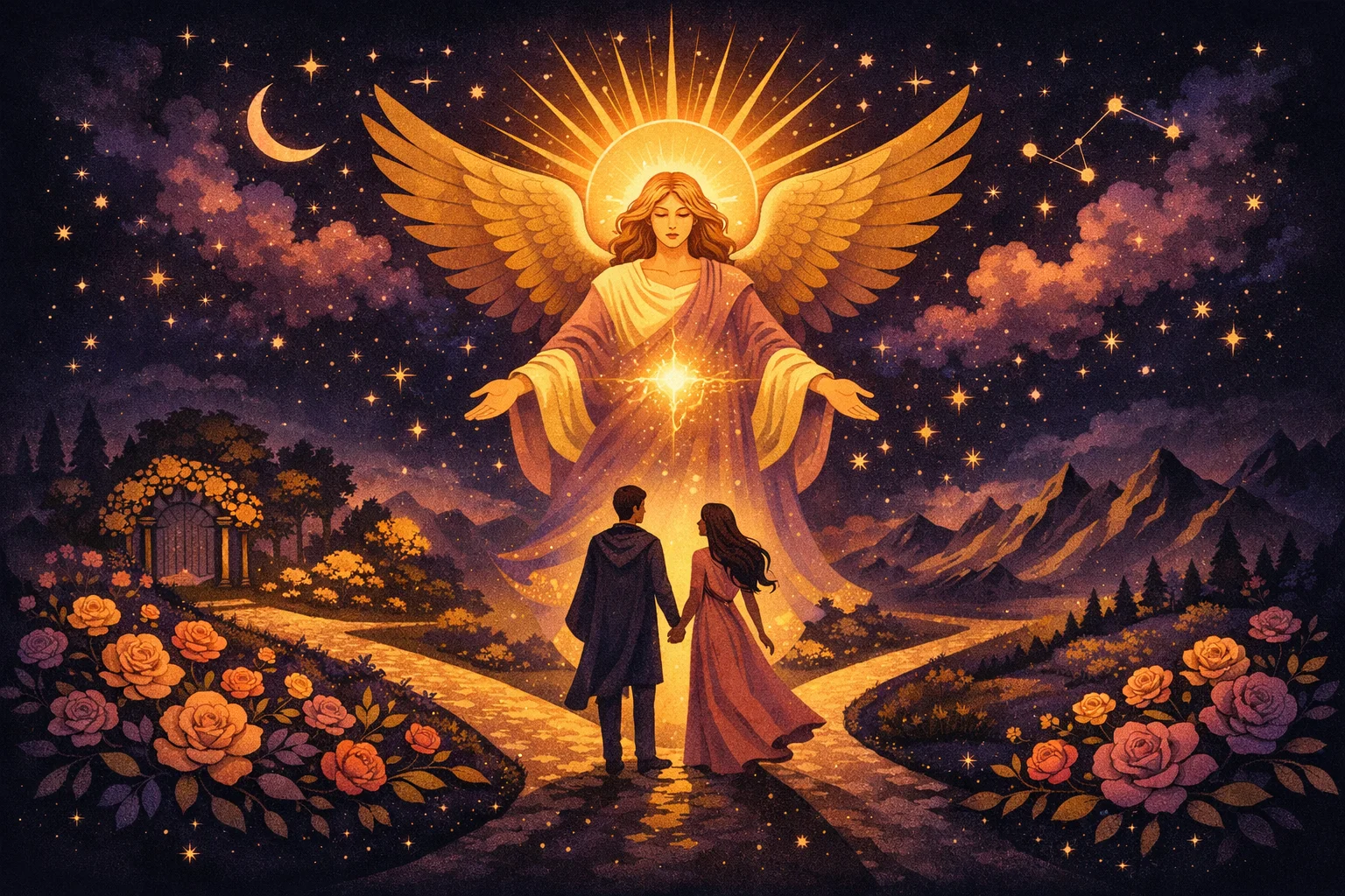 The Lovers tarot card meaning — an angel blessing two figures standing at a crossroads beneath a radiant sun