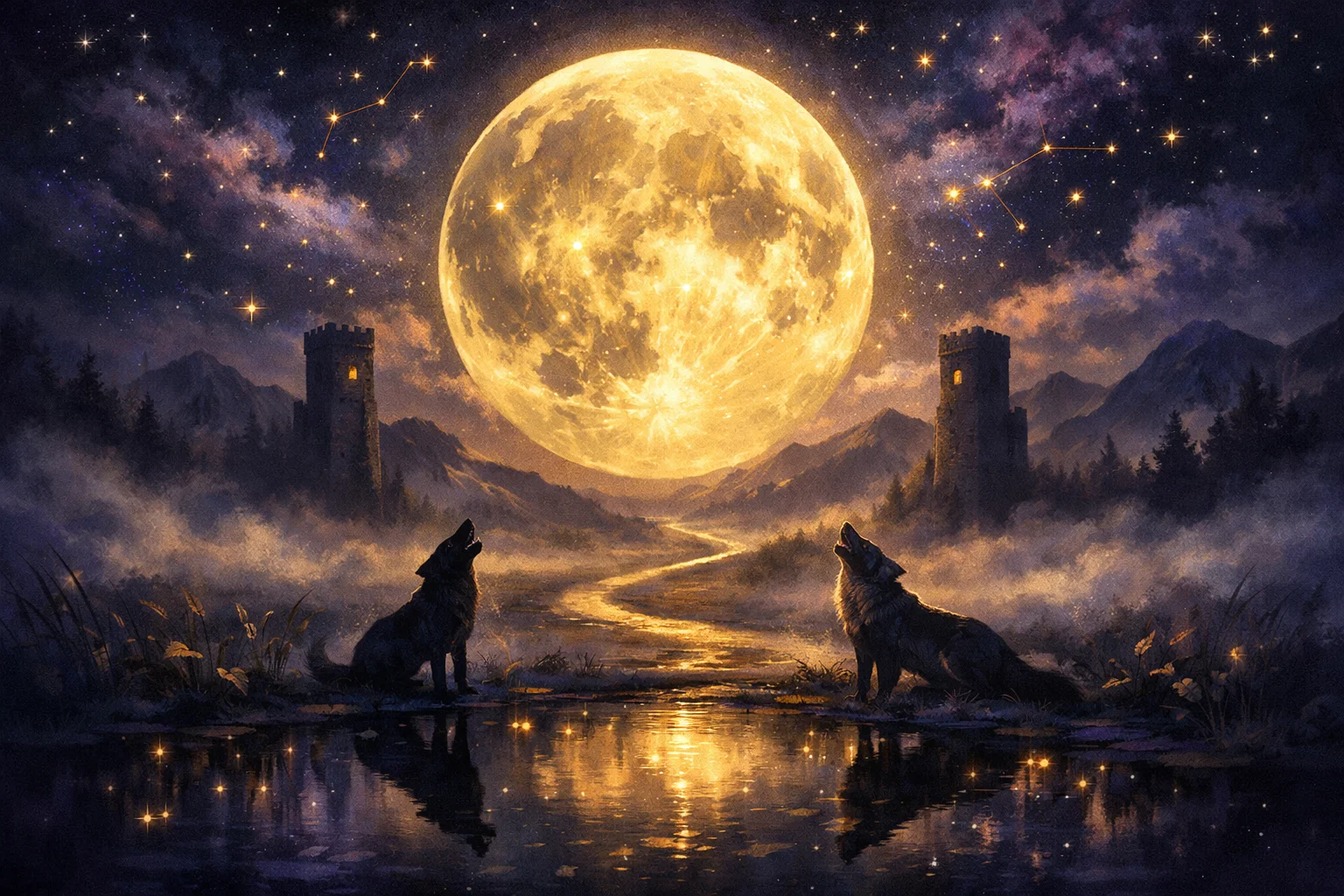 The Moon tarot card meaning — a full moon over misty towers, a winding path, and a dog and wolf howling