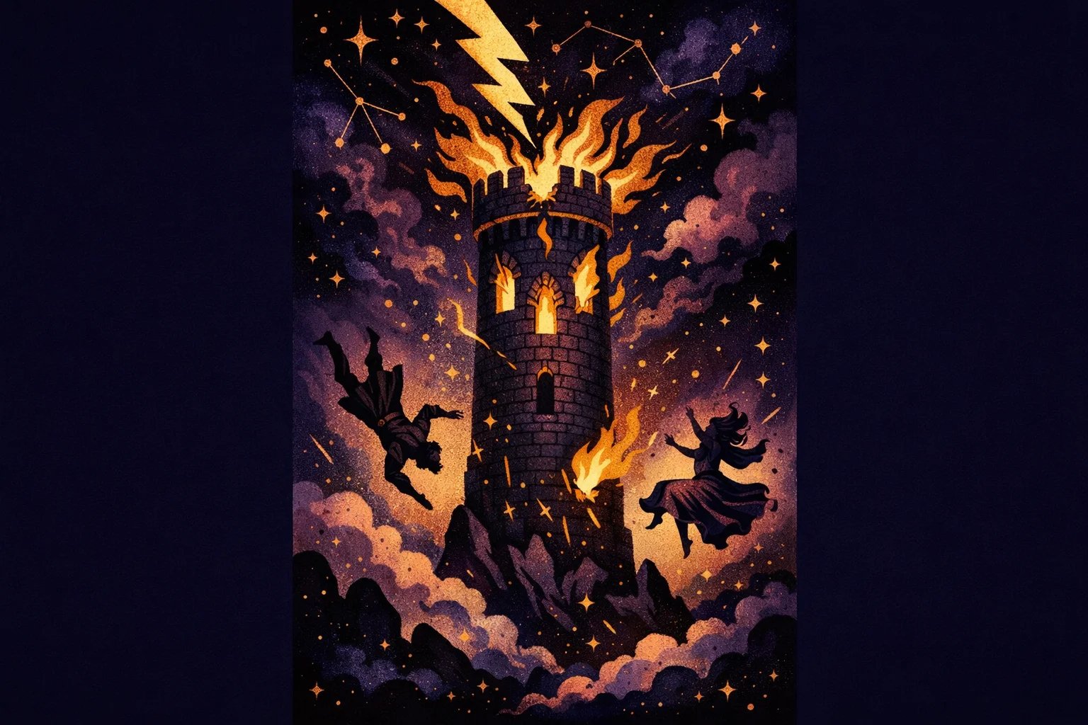 The Tower tarot card meaning โ lightning strikes a stone tower, flames erupt, two figures fall free