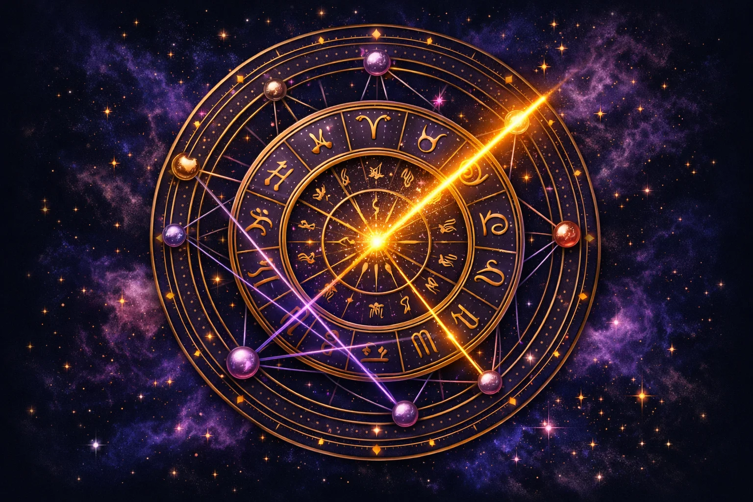 Current planetary transits striking aspect lines from an outer zodiac wheel onto a fixed natal birth chart
