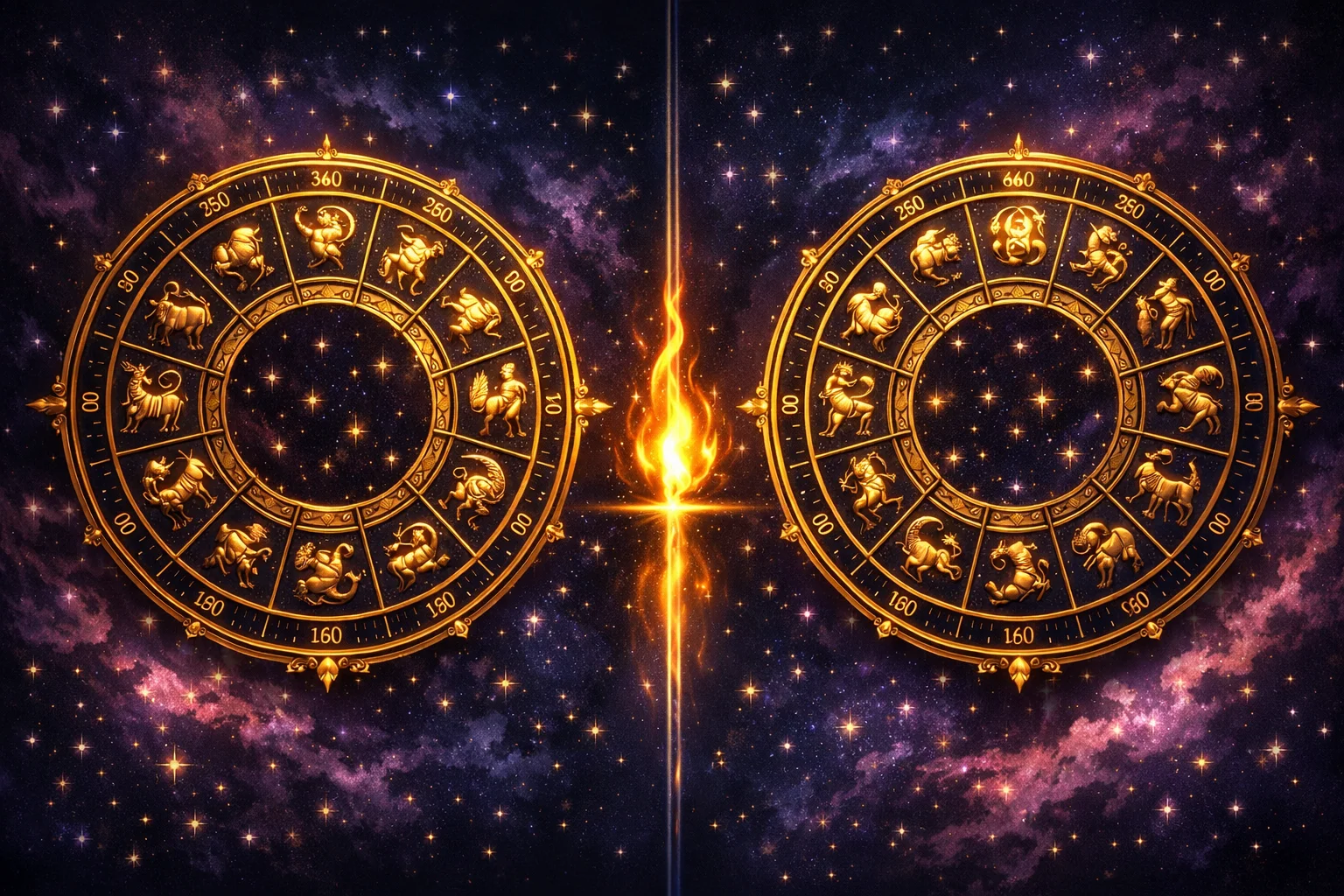 Twin flame birth chart mirror: two zodiac wheels reflected across the solstice axis with matching degrees joined