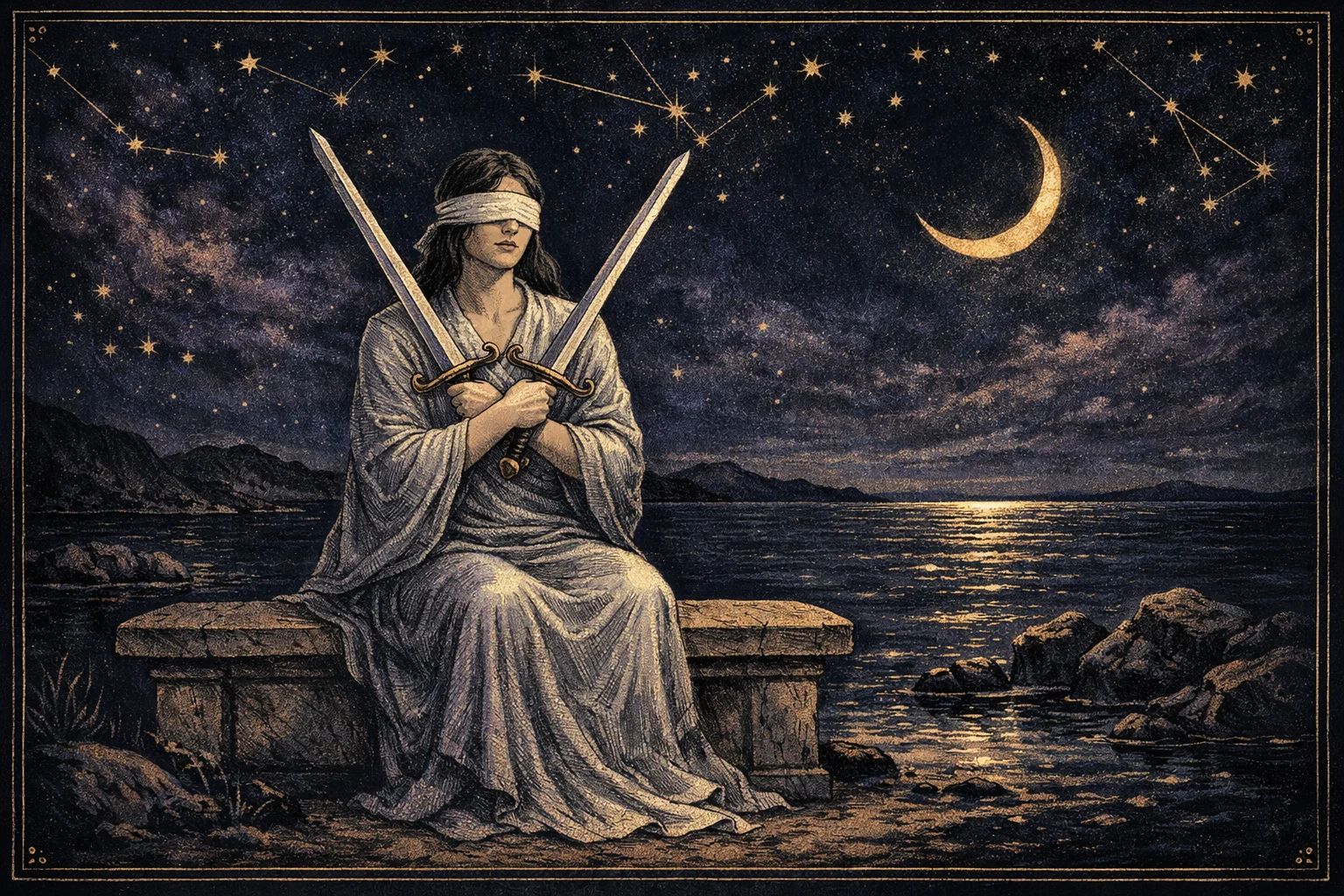 Two of Swords tarot card meaning illustrated by a blindfolded woman balancing swords beside a moonlit sea