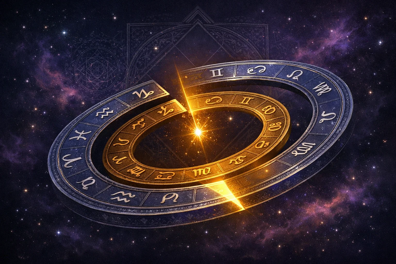 Vedic astrology explained — two zodiac rings drifting apart, with a gold wedge marking the 24-degree ayanamsa gap