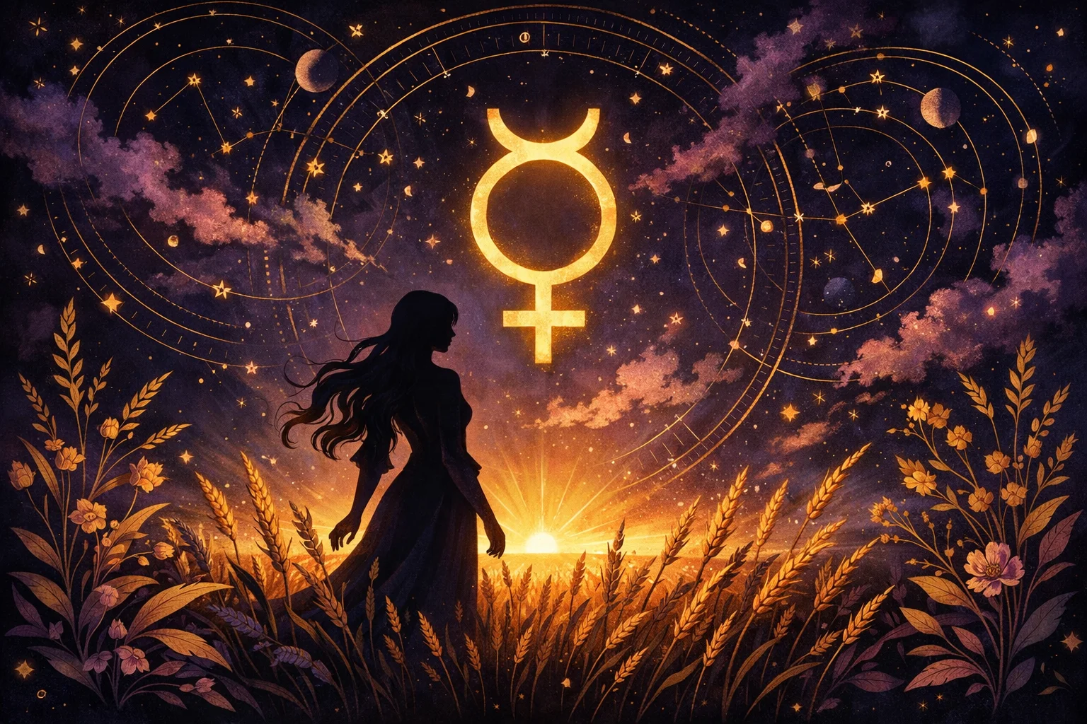 Virgo daily horoscope illustration with maiden silhouette in a golden wheat field under Mercury's celestial influence