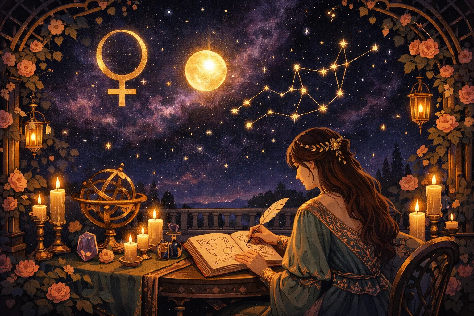 Virgo love horoscope illustration of Venus glowing over a garden observatory with the maiden constellation in a rose gold sky