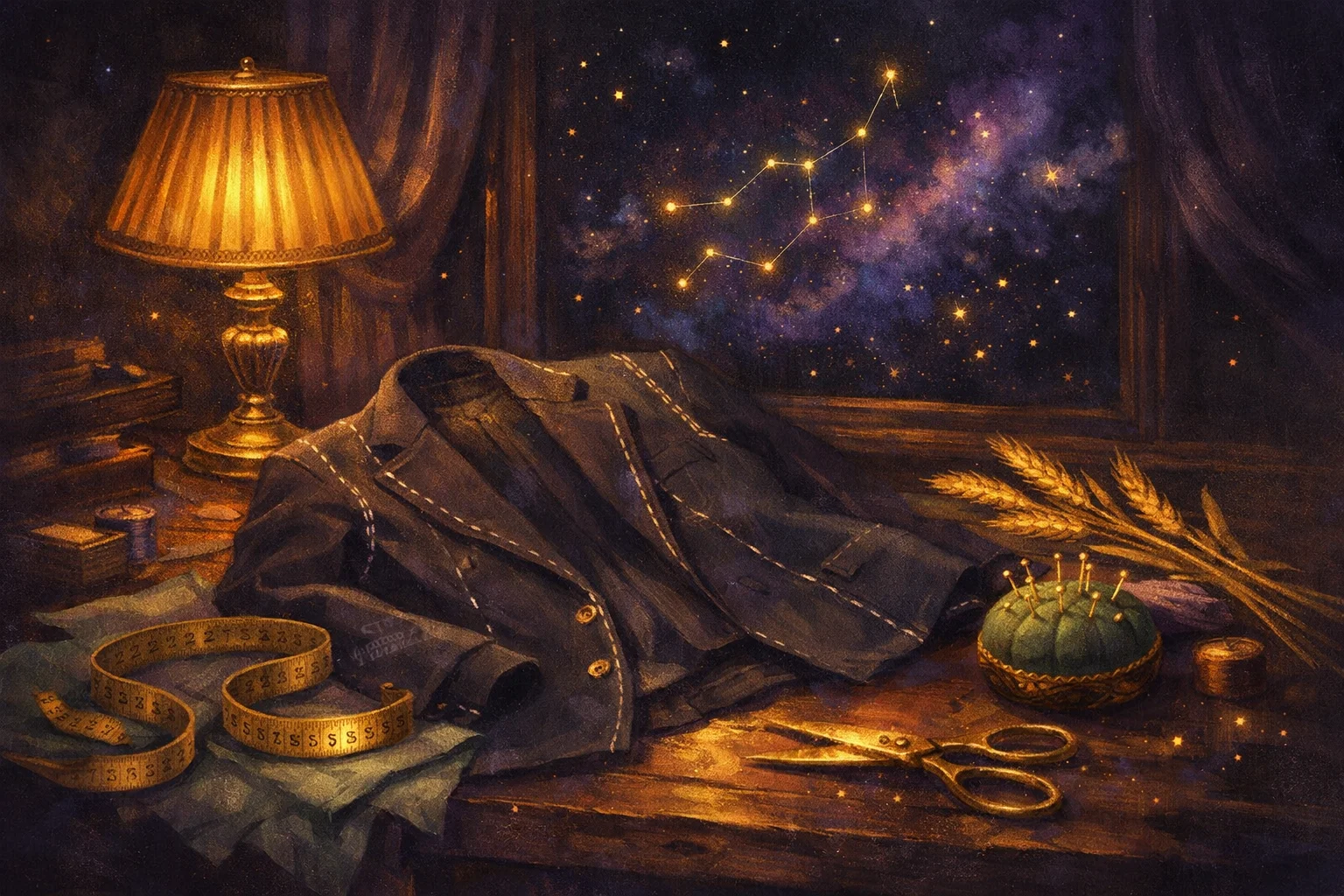 Virgo man traits: a tailoring bench at night with a half-altered jacket pinned open and chalk marks along the seam