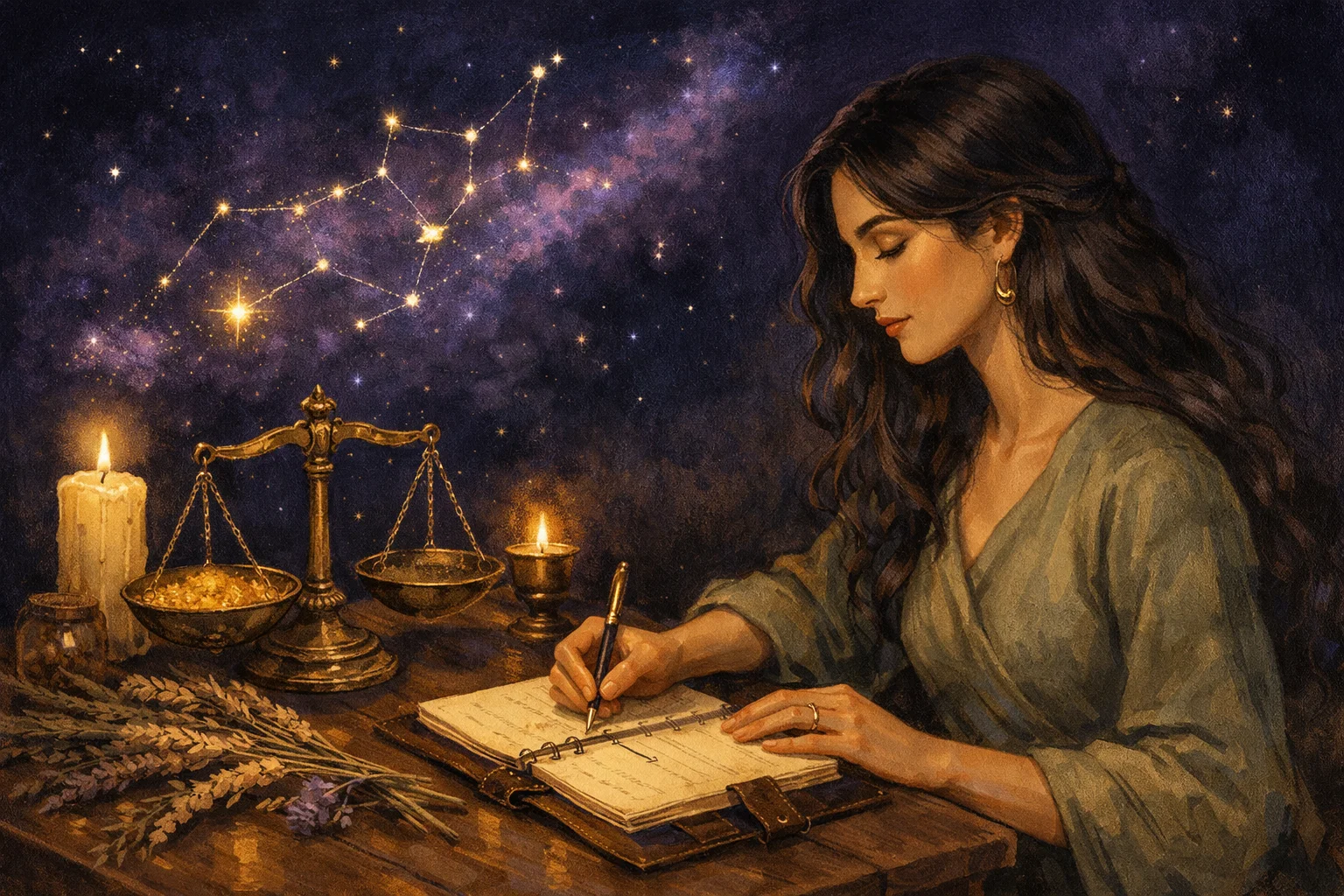 Virgo woman crossing an entry out of her planner by candlelight to make room for a new one, under the Virgo constellation