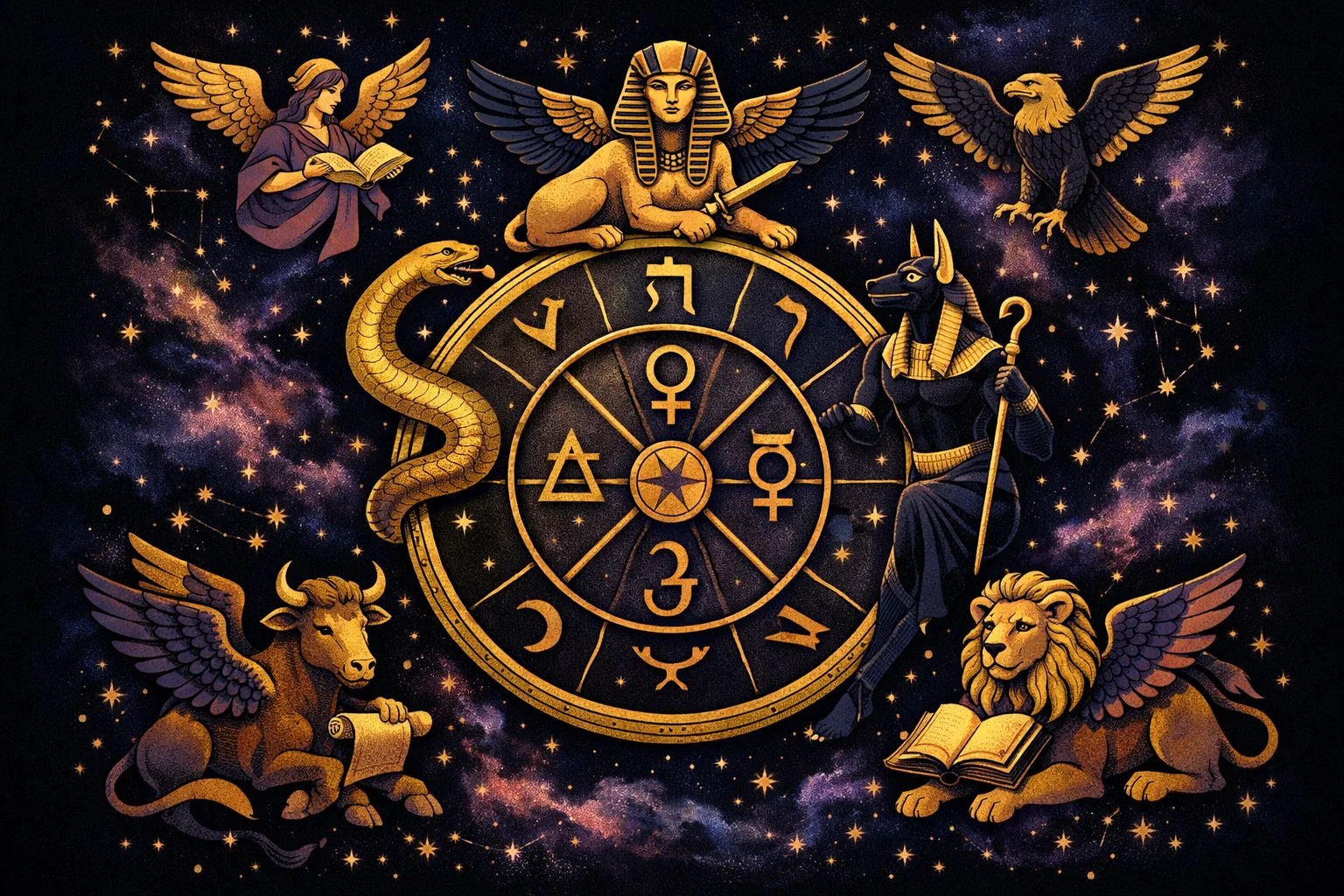 Wheel of Fortune tarot card surrounded by cosmic symbols, Hebrew letters, and the four fixed zodiac creatures, representing destiny cycles and karmic turning points