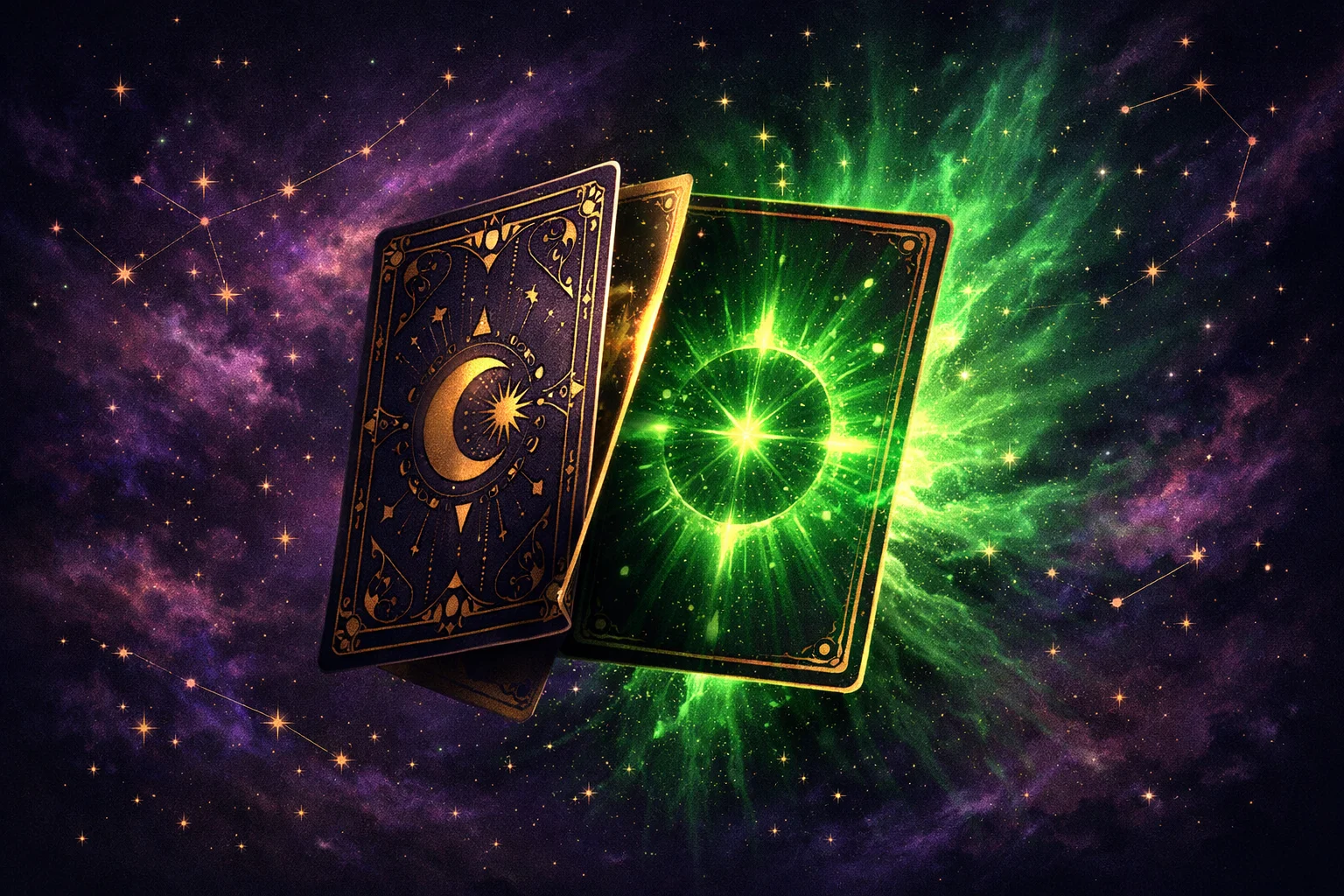 Single tarot card flipping to reveal a glowing answer for a yes or no tarot reading with emerald cosmic energy