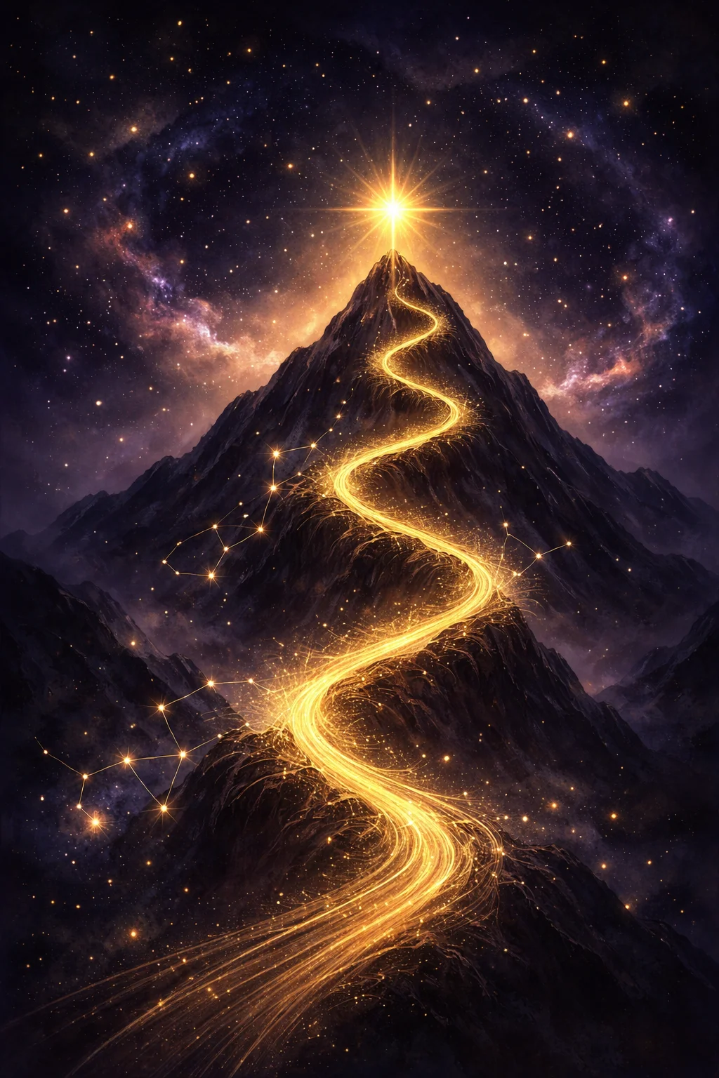 A golden path climbing a dark mountain toward a glowing summit, symbolizing the 10th house Midheaven career climb