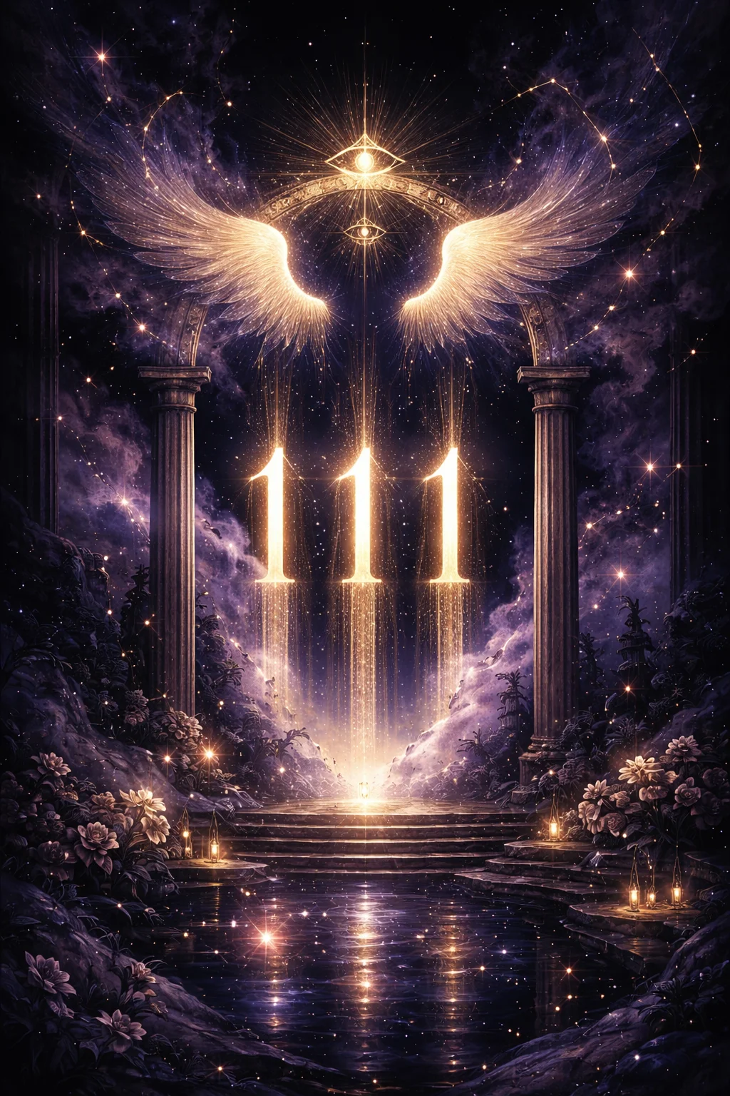 A solitary figure standing before a luminous gateway of four golden light pillars in a cosmic landscape, embodying the 1111 angel number manifestation portal energy