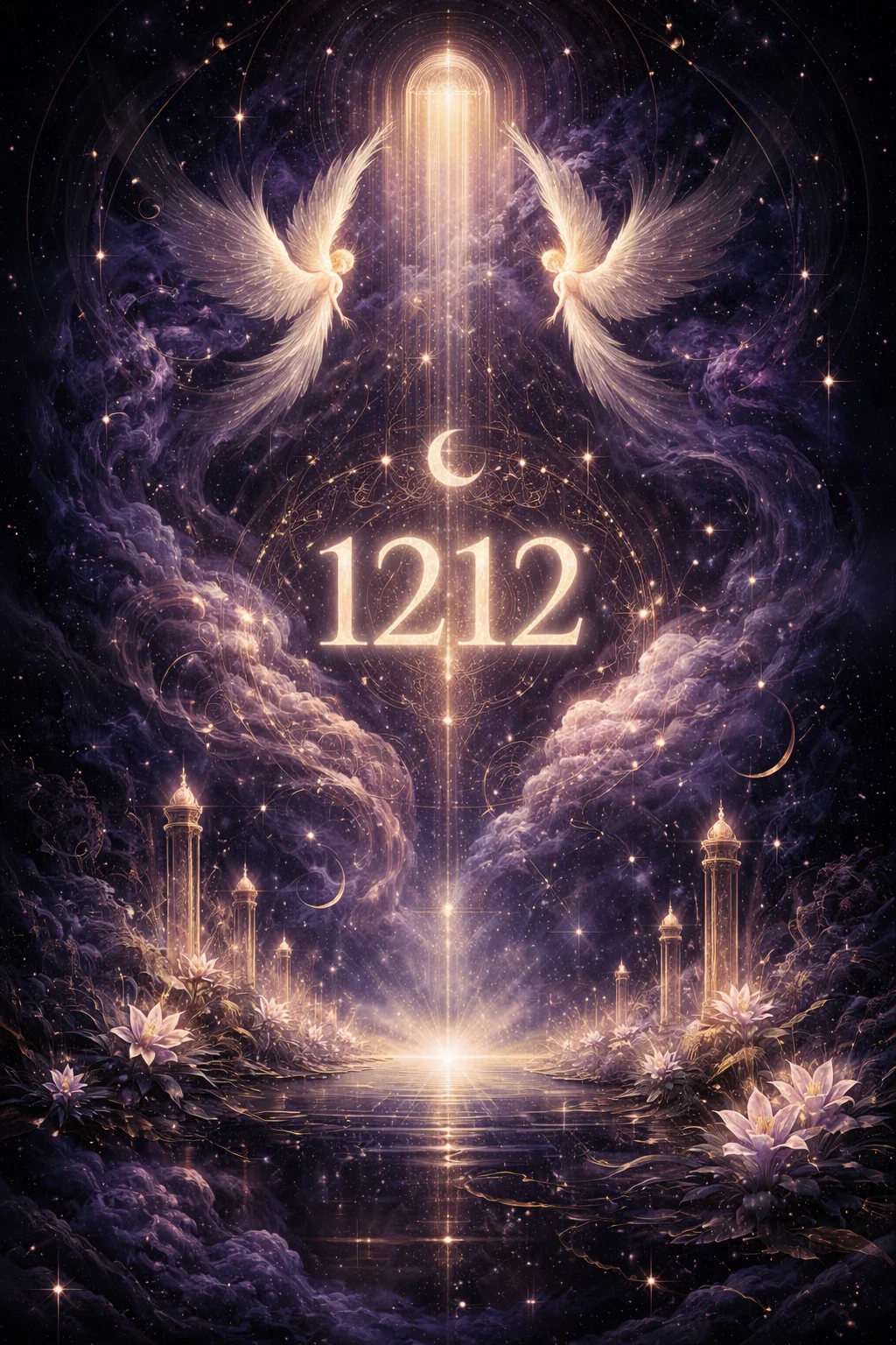 A solitary figure standing before a mirrored violet and gold gateway in a cosmic landscape, embodying the 1212 angel number divine alignment energy between inner growth and outer reality