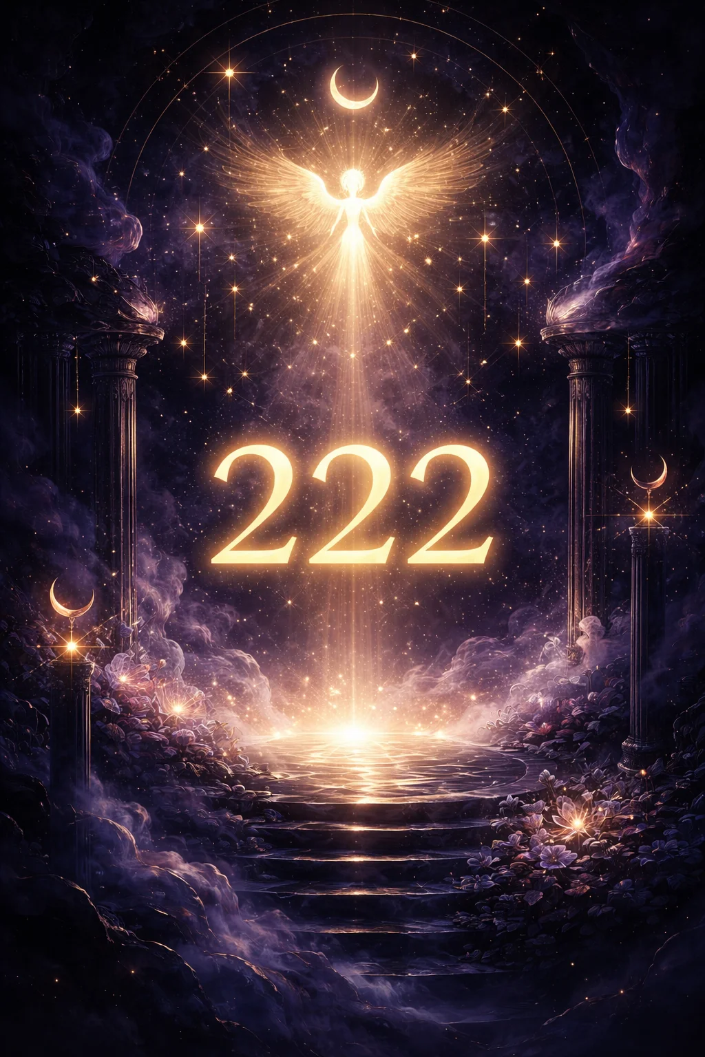 Serene moonlit scene with balanced stones and still water reflecting celestial light, representing the spiritual harmony of angel number 222