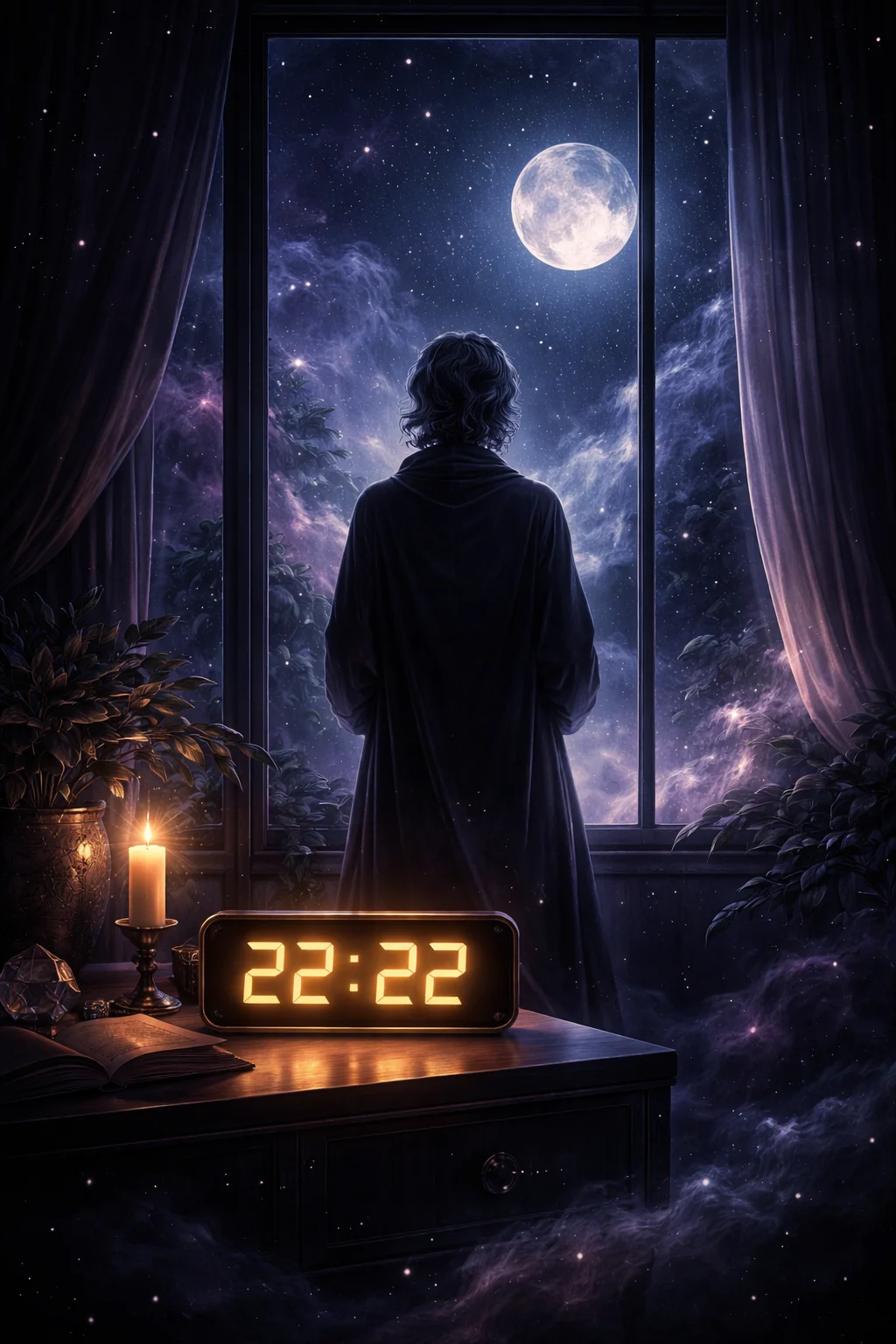 A person at a dark window beside a clock reading 22:22, when most people encounter the 2222 angel number
