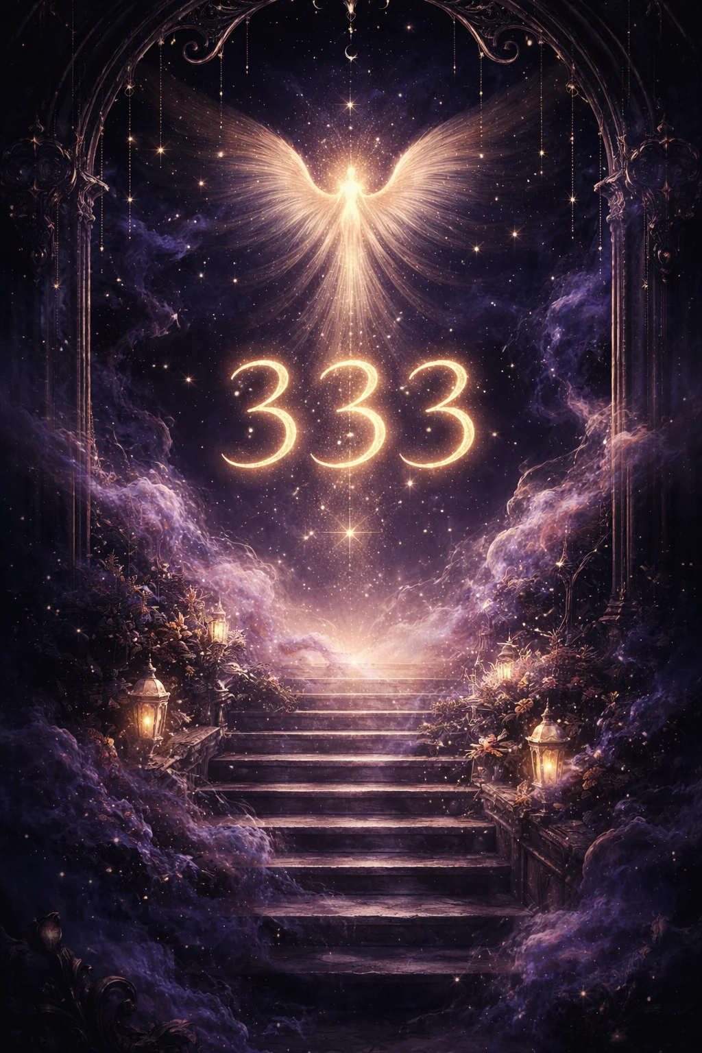 Ethereal scene of violet and gold energy swirling around three ascending master figures guiding creative spiritual growth