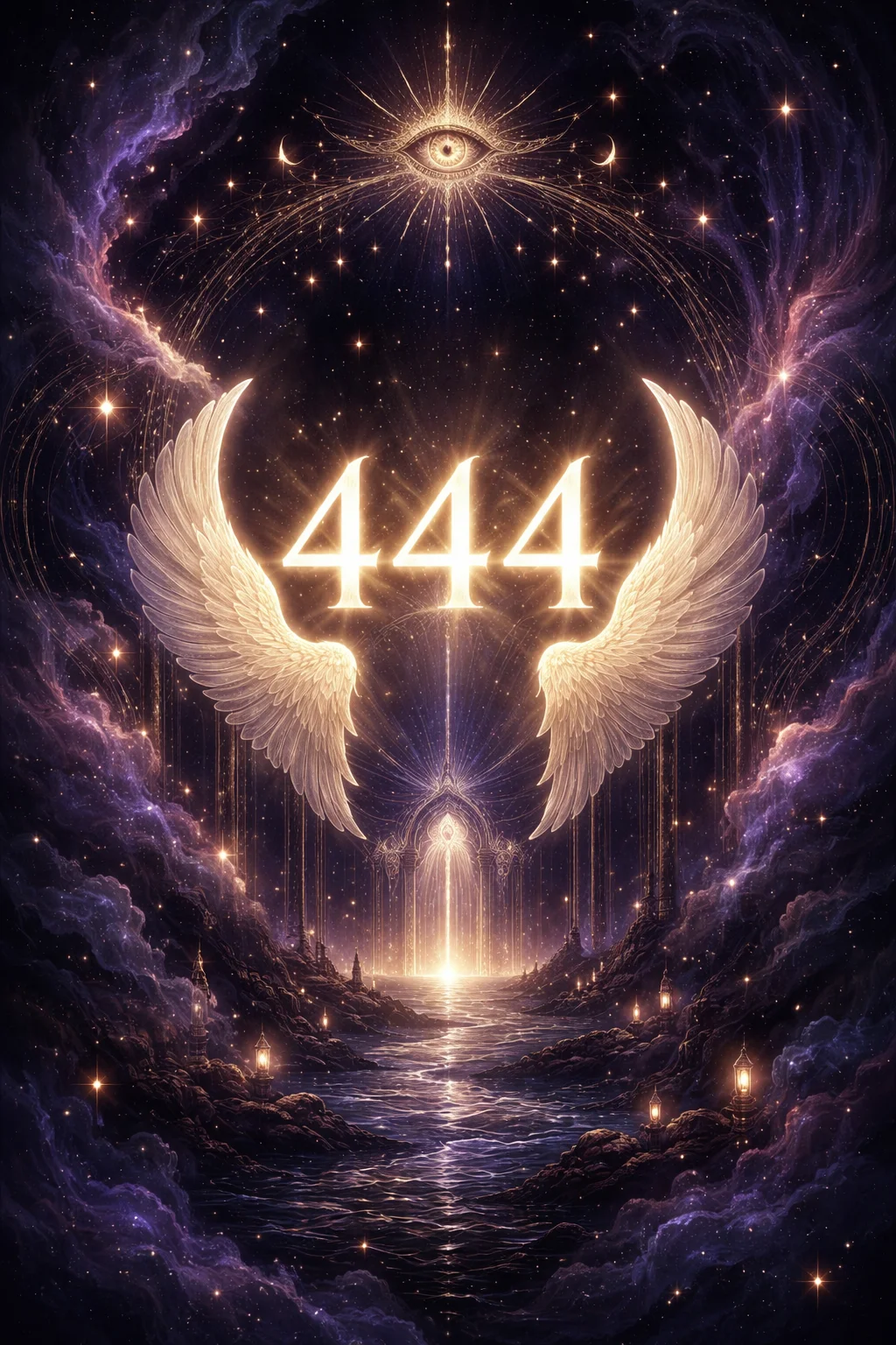 Atmospheric scene of four luminous guardian angels standing at cardinal points surrounding a glowing fortress of white light against a deep indigo night sky