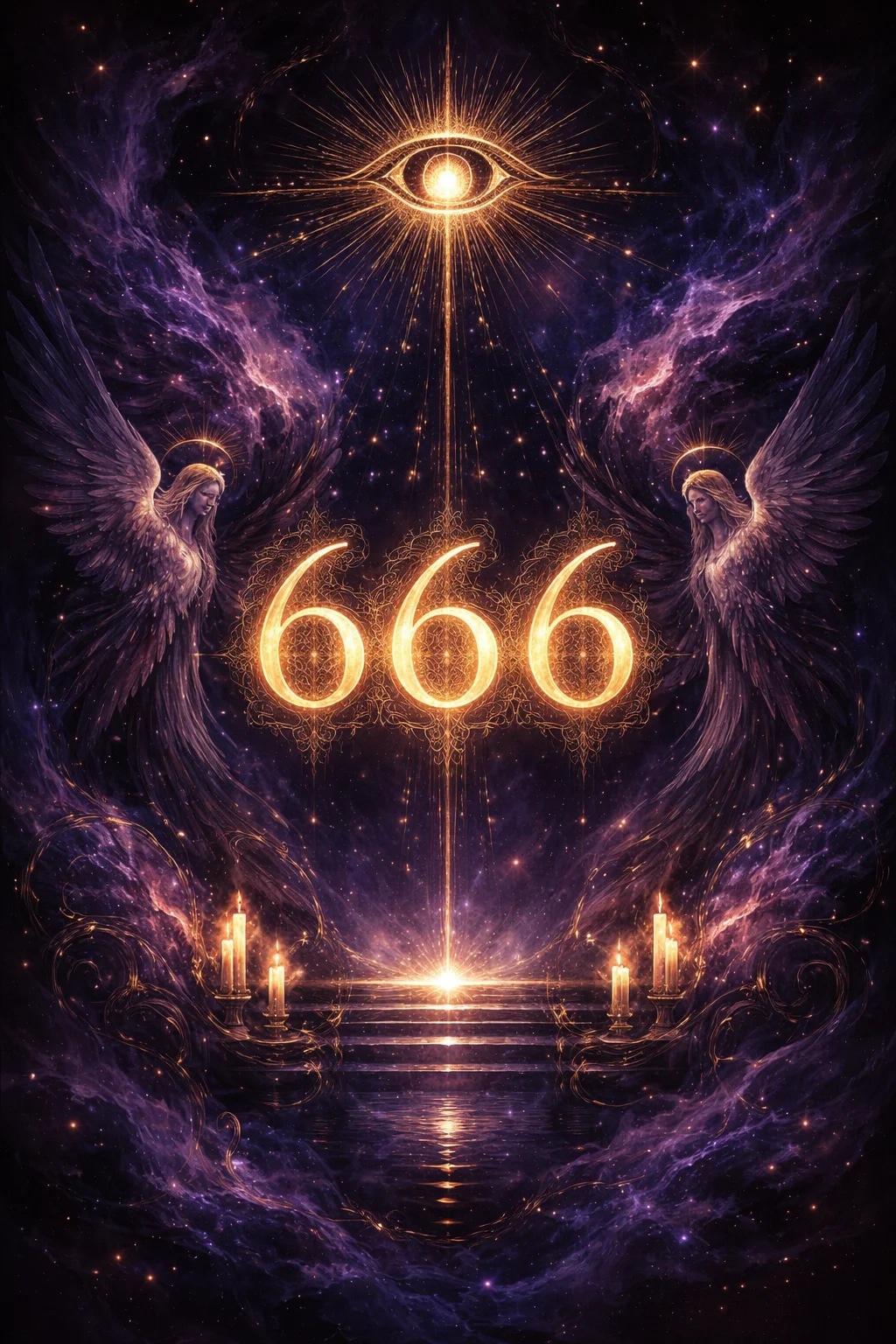 Peaceful scene of a figure meditating between two worlds — one filled with material wealth and the other with nature and spiritual light — symbolizing the balance message of angel number 666