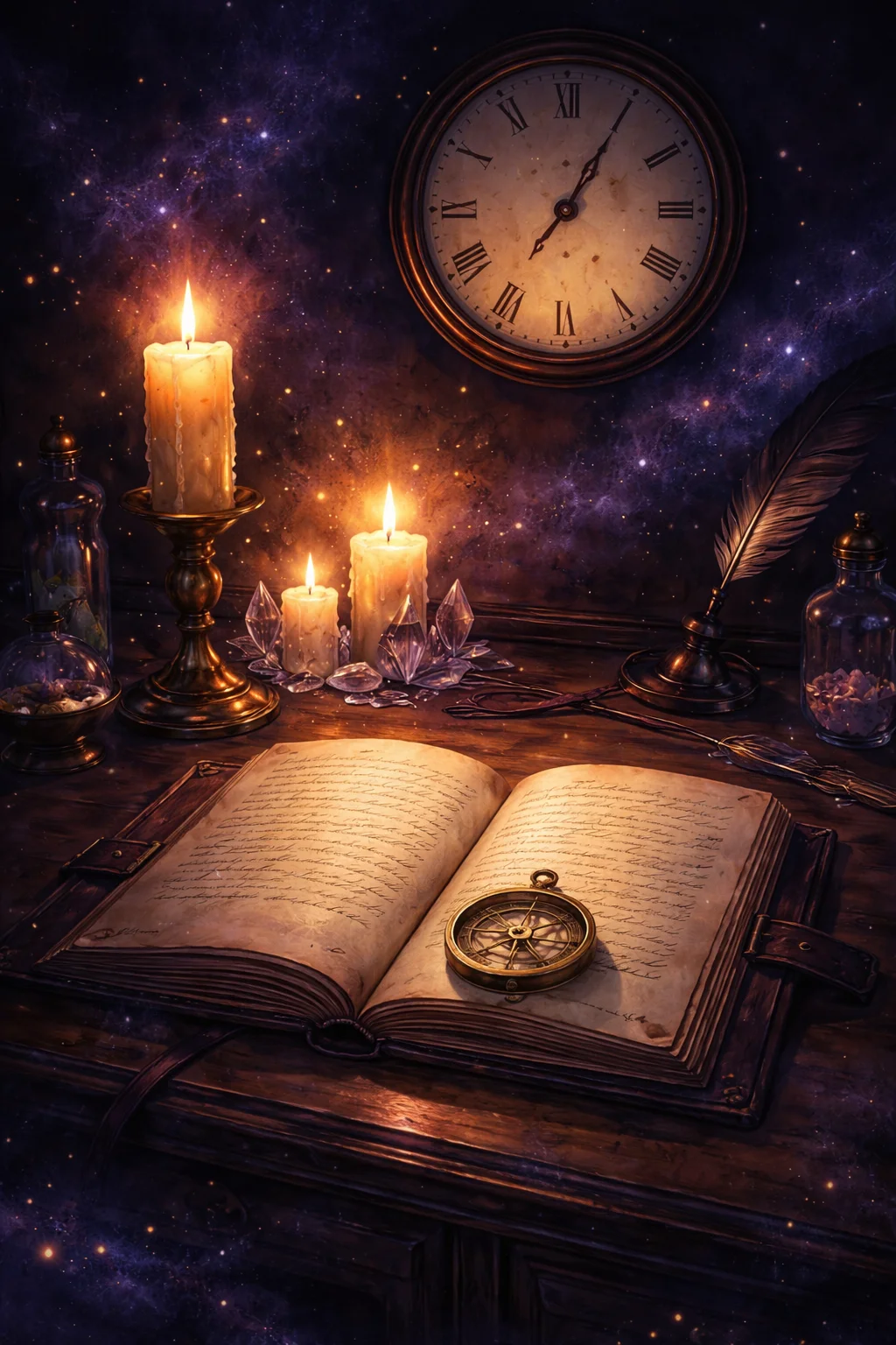 Journal open at two entries months apart, brass compass and a clock reading 7:17 โ testing the 717 angel number meaning