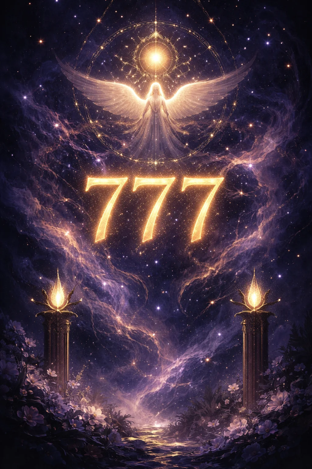 Atmospheric scene of a solitary figure meditating beneath a violet-lit sky with seven bright stars forming a pattern overhead, representing the deep spiritual awakening and divine alignment of angel number 777