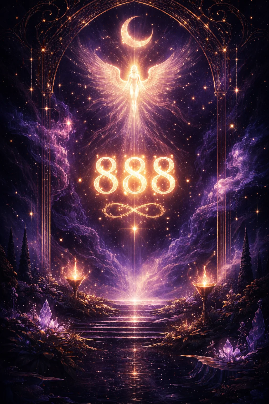 Atmospheric scene of golden light streaming through an ancient doorway onto a path lined with abundance symbols, emerald energy spiraling upward, representing the karmic harvest and infinite prosperity cycle of angel number 888