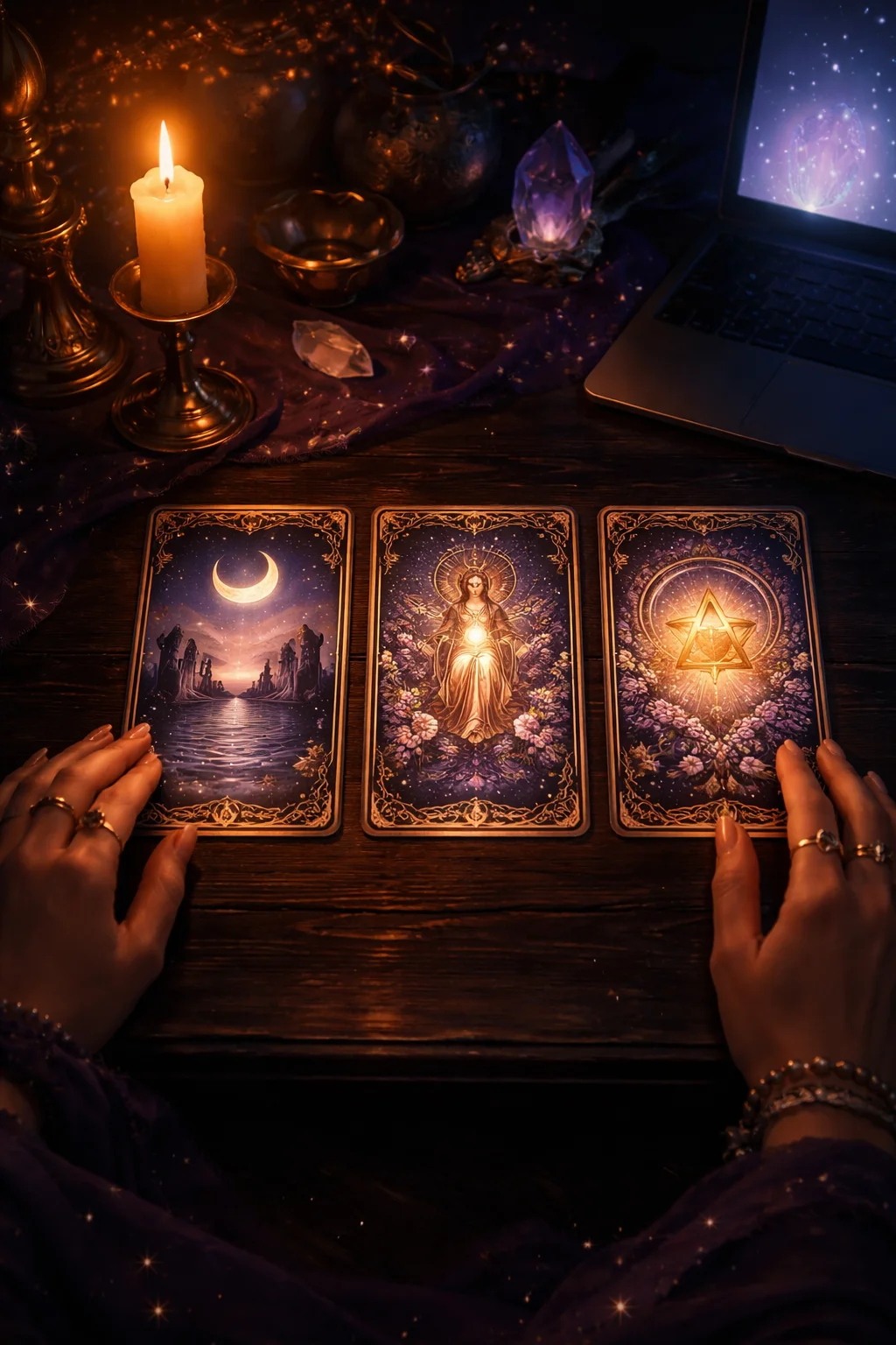 Hands laying three tarot cards on a dark table between candlelight and screen light during an AI tarot reading
